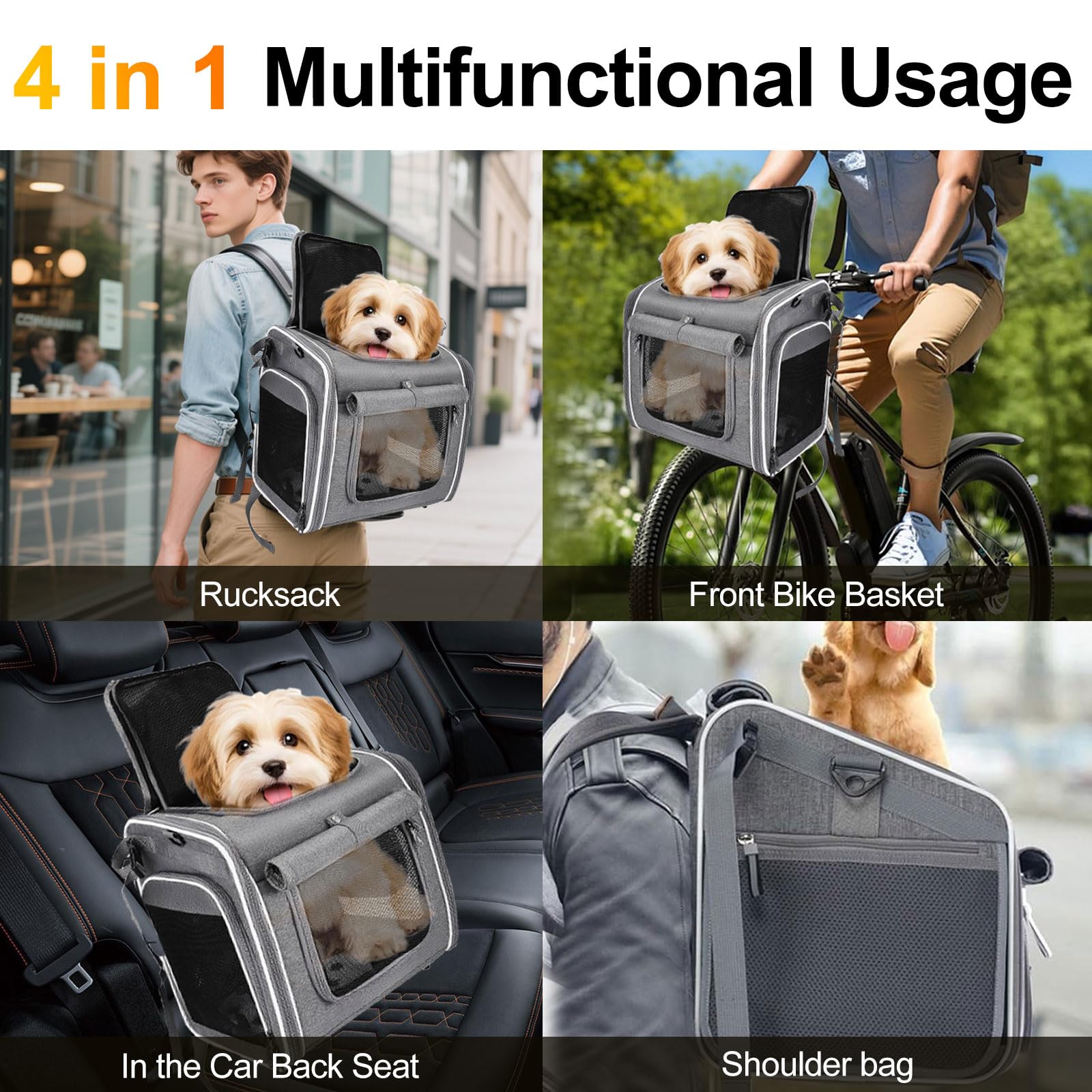 Cesta para Bicicleta Delantera para Perros y Gatos hasta 8KG,Cesta Bicicleta Delantera Perro 4 en 1 Cesta para Perros para Bicicleta, Plegable con 4 Puertas Abiertas, 4 Ventanas de Malla para Gatos