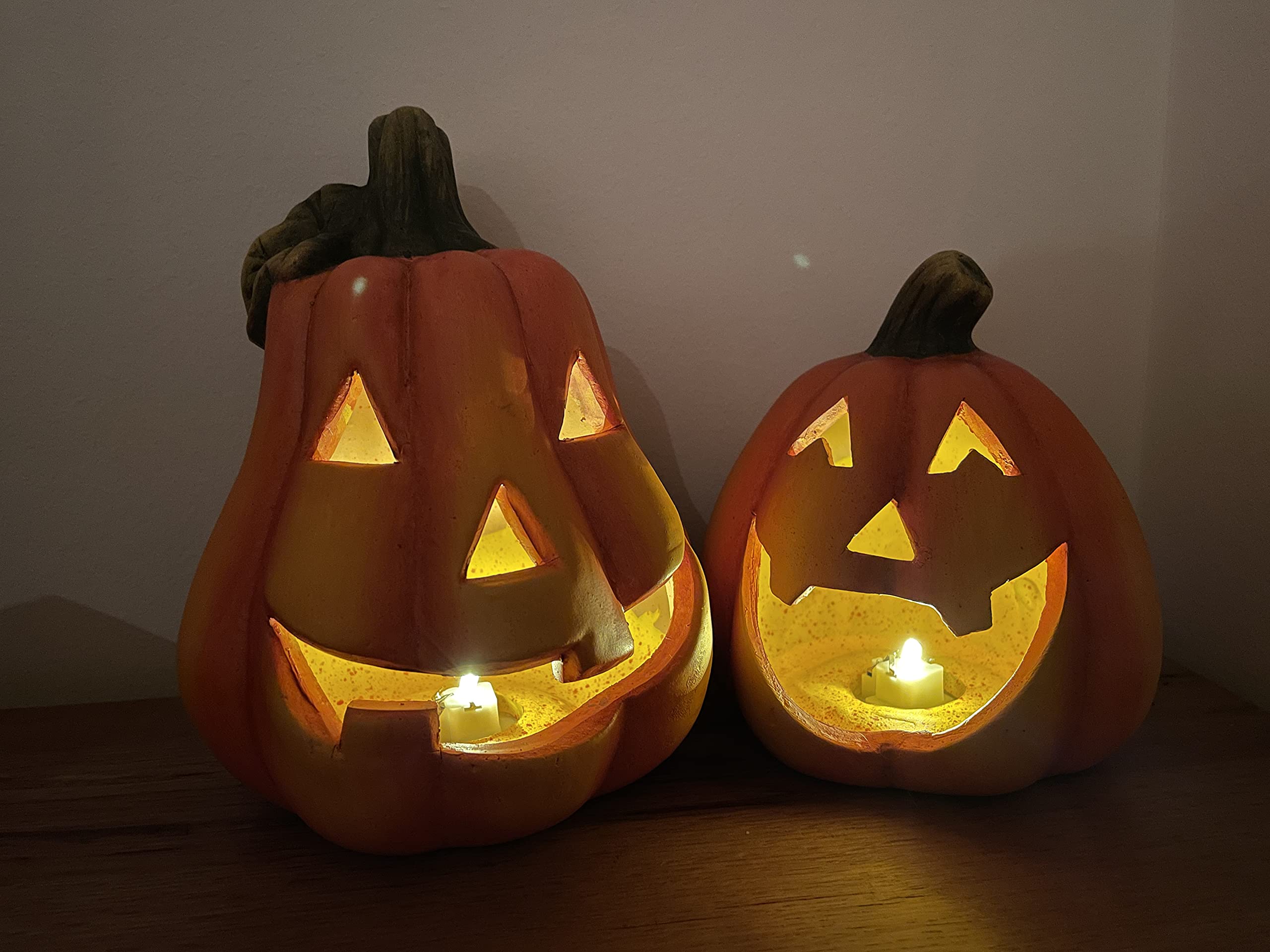 khevga Calabaza Deco Cerámica: Linterna Otoño Set de 2 Decoración de Halloween Iluminada con LED