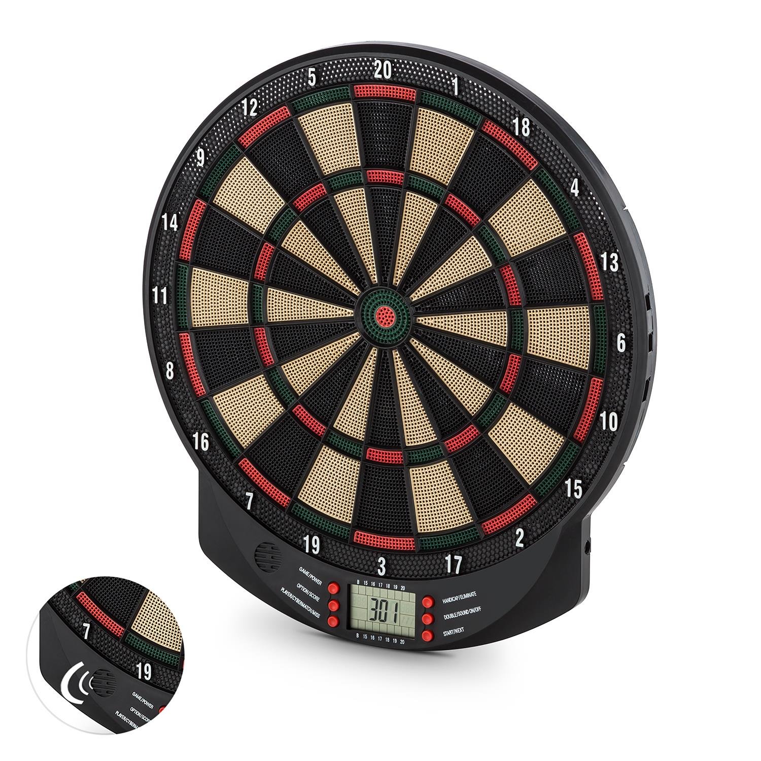 KLAR FIT Dartomat - Bersaglio Elettronico per Freccette, 26 Giochi con oltre 70 Varianti, Computer di Gioco Integrato, 6 Freccette Soft Tip e 6 Punte di Ricambio Incluse, Nero