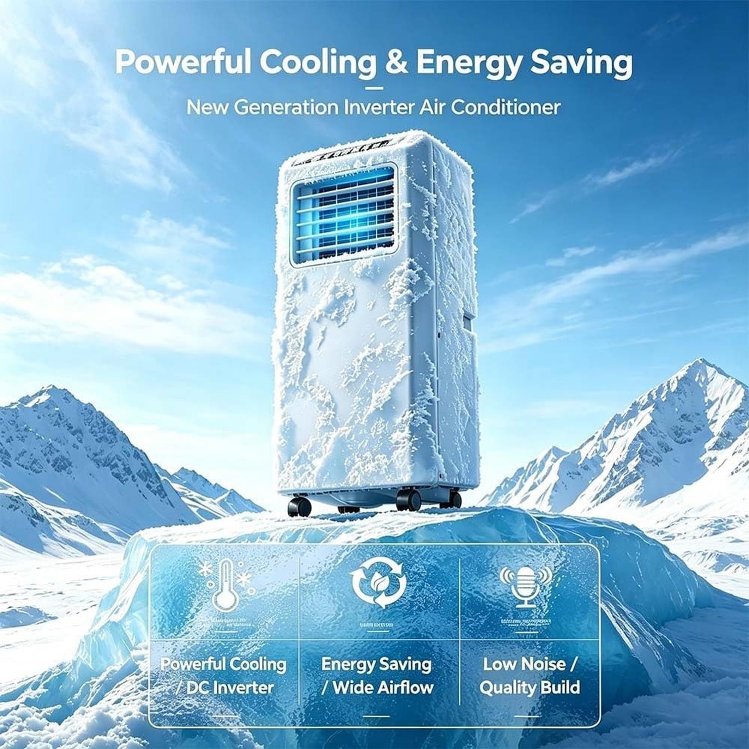 Tragbares Klimagerät 4-in-1, Inverter Einheit mit Kühlen, Heizen, Entfeuchten, Smart Bedienfeld, Staubfilter & 360° Rollen für zuhause, mit UK-Stecker (Typ G) f, Q7