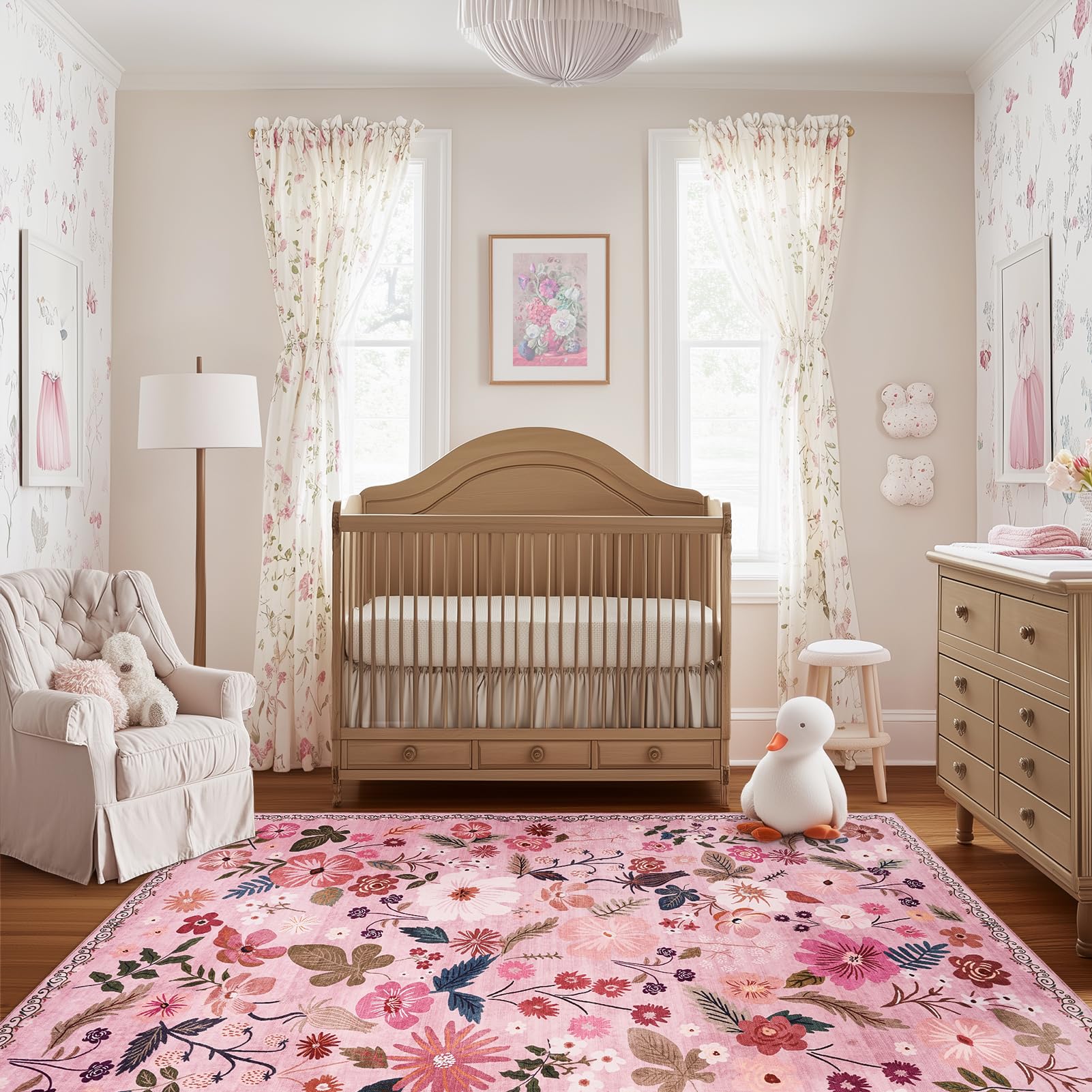 Nursery Rug for Baby Girl 4x6 Machine Washable Boho Floral Area Rugs Non Slip Low Pile Stain Resistant Pink Cute Rugs for Living Room Bedroom Dining
