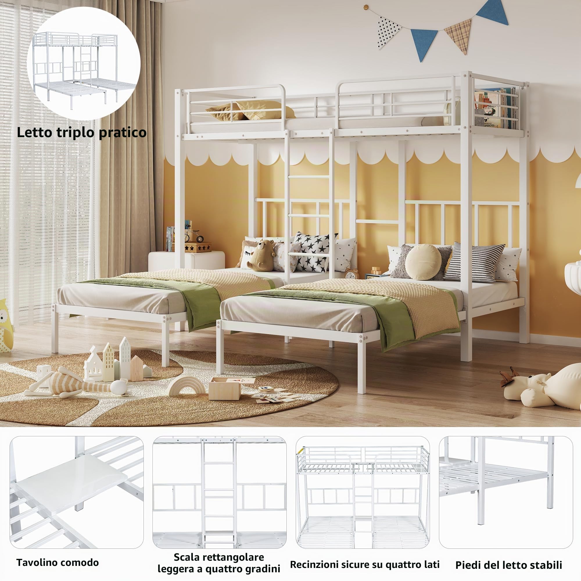Soweiz Letto tripla a castello con scala per bambini e ragazzi, letto in ferro con griglia e tavolo (90 x 200 cmx3) (bianco)
