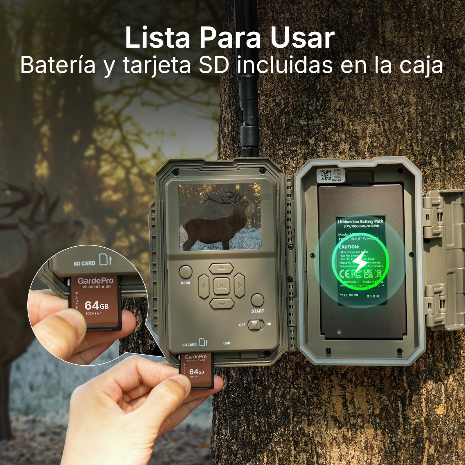 GardePro X70 Pro Camara Fototrampeo 4G LTE con Transmisión en Vivo y GPS, Batería de 7800 mAh y Tarjeta SD de 64 GB, 48MP 1296P Cámara Caza, IP66 Cámara Fototrampeo con Envío al Móvil