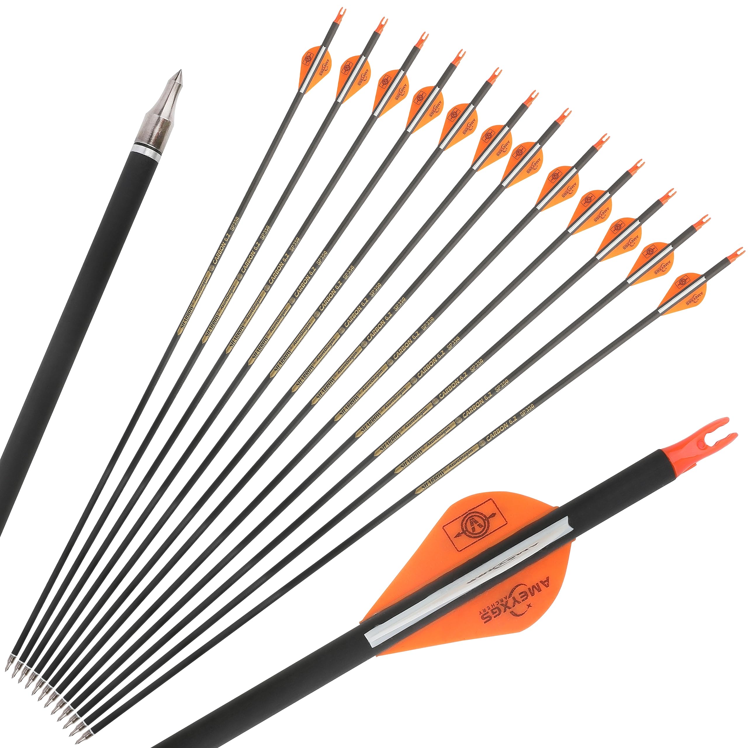 FQH 32" Archery Pure Carbon Arrows 300 350 400 500 600 Spine Hunting Arrows for Recurve Compound Bow Outdoor Hunting Target Shooting Archery Training (6/12pcs) (6 pcs, Orange, 400 spine)