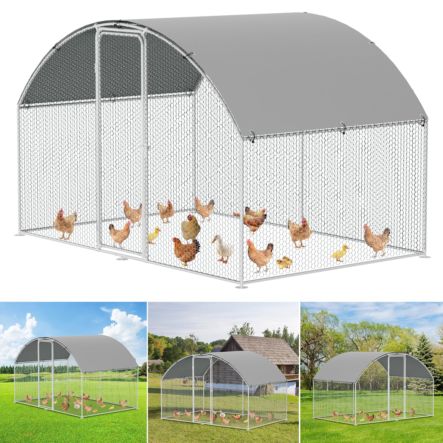 Joparri Hühnerstall Freilaufgehege Verzinktem Stahl, 3x2x2m Outdoor Hühnerhaus Dome Roof mit Schloss und Wasserdichtes PE Gewebe, für Hühnerkäfig Vogelkäfig Kleintiere