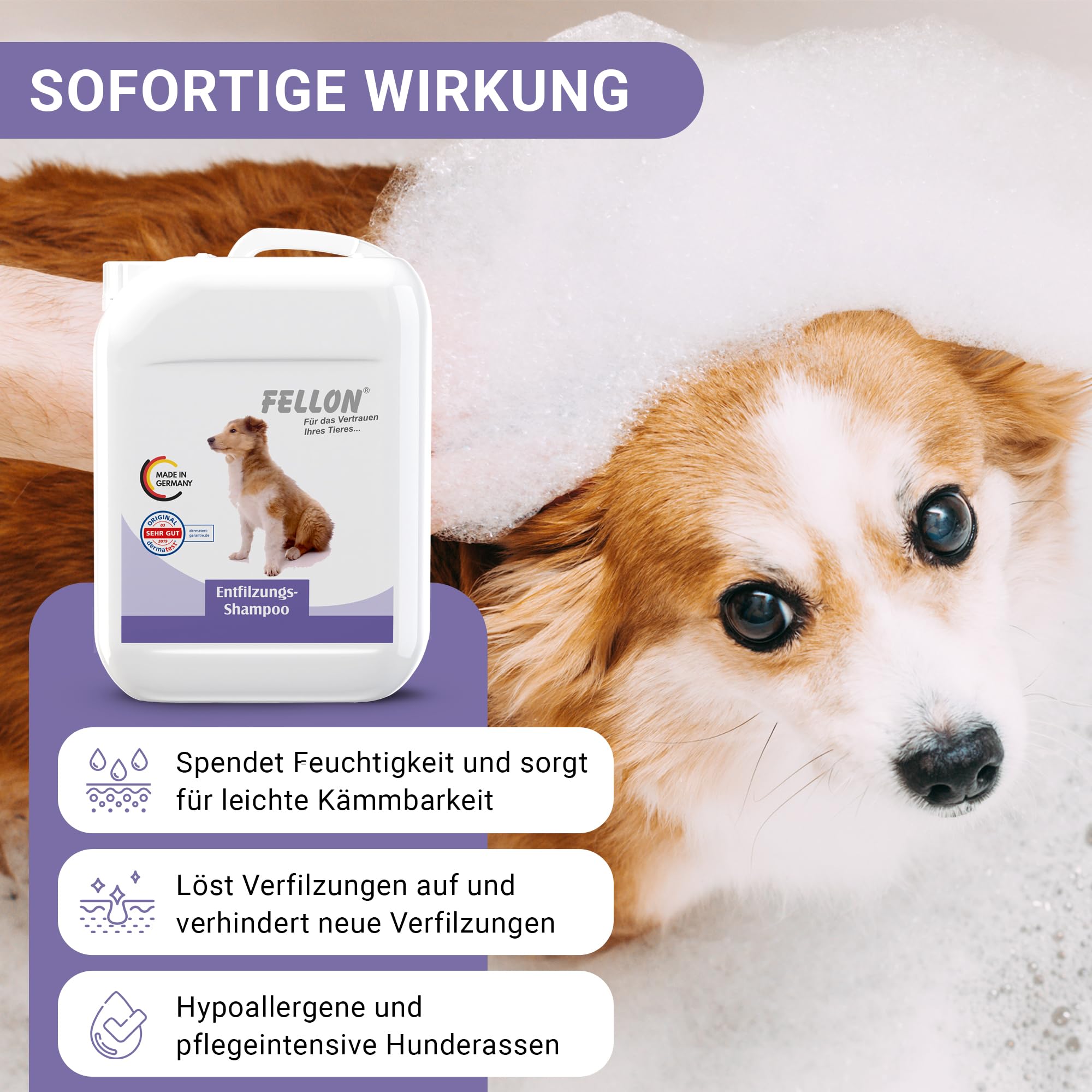 Fellon Champú desenredante para perros – Cuidado suave con pH neutro para un fácil desenredado – Orgánico – Para todas las razas, pelo largo y corto – Evita enredos y picores – 10 litros