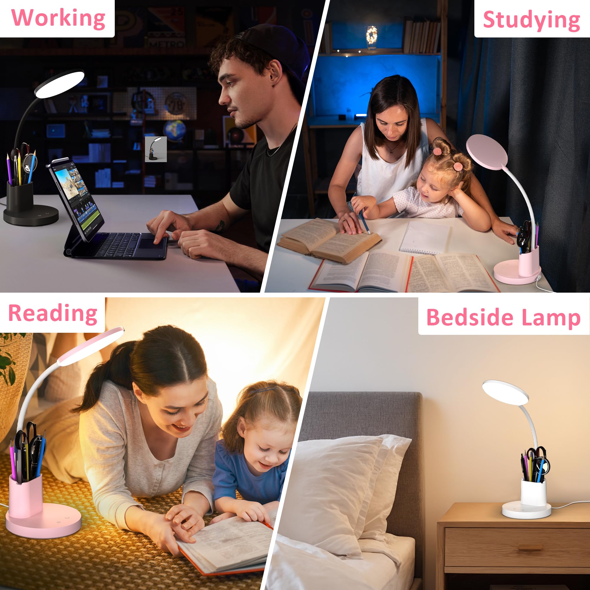 Schreibtischlampe, LED-Schreibtischlampen für Heimbüro, Touch-Tischlampe mit 3 Farbmodi, 360° verstellbarer Arm, dimmbare Schreibtischlampe mit Stifthalter, für Studentenwohnheim, Rosa