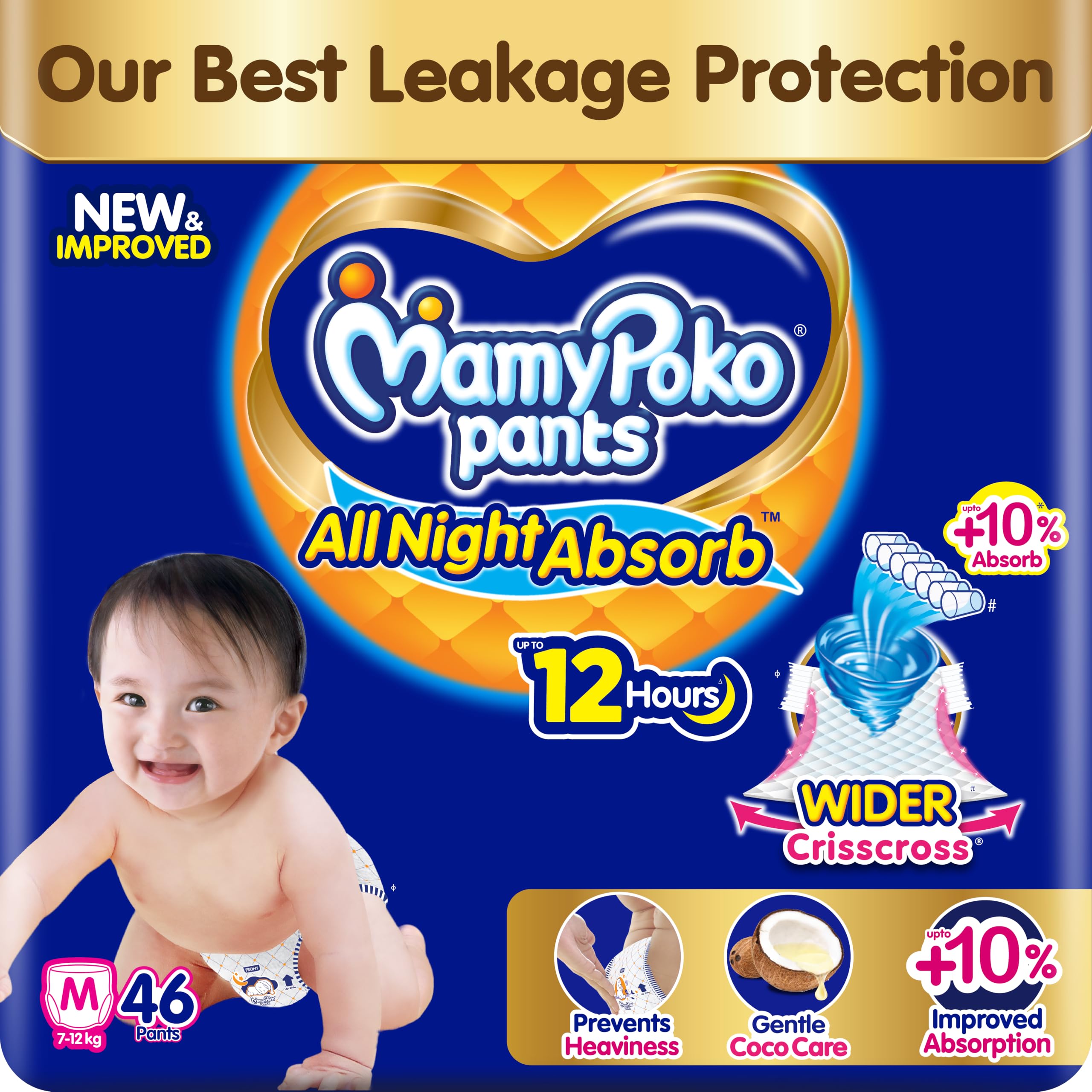 New Mamypoko Pants Premium All Night Absorb| Pant Style Baby Diapers Medium Size(M), 46 Count, Ideal for 7-12Kgs|1 Diaper= Upto All Night Absorption now with 10% increased power|Wider Crisscross Sheet|Gentle Coco Care| 12hr Leakage Protection| Prevents Heaviness.-image-35
