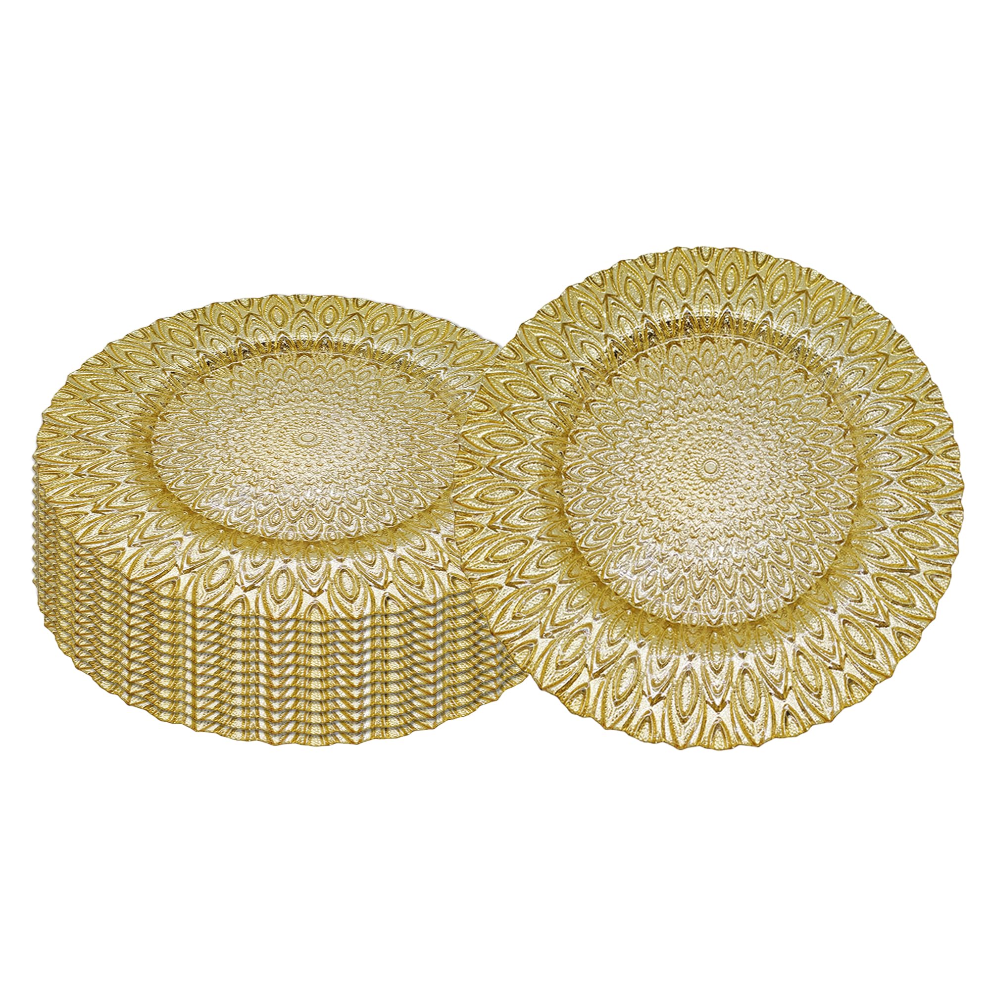 Trimming Shop Dekoracyjne talerze do ładowania na imprezy, pawie szklane talerze do dekoracji stołu obiadowego, wesela, urodziny, przyjęcie, zastawa stołowa, imprezy gastronomiczne, 33 cm, złote, 12