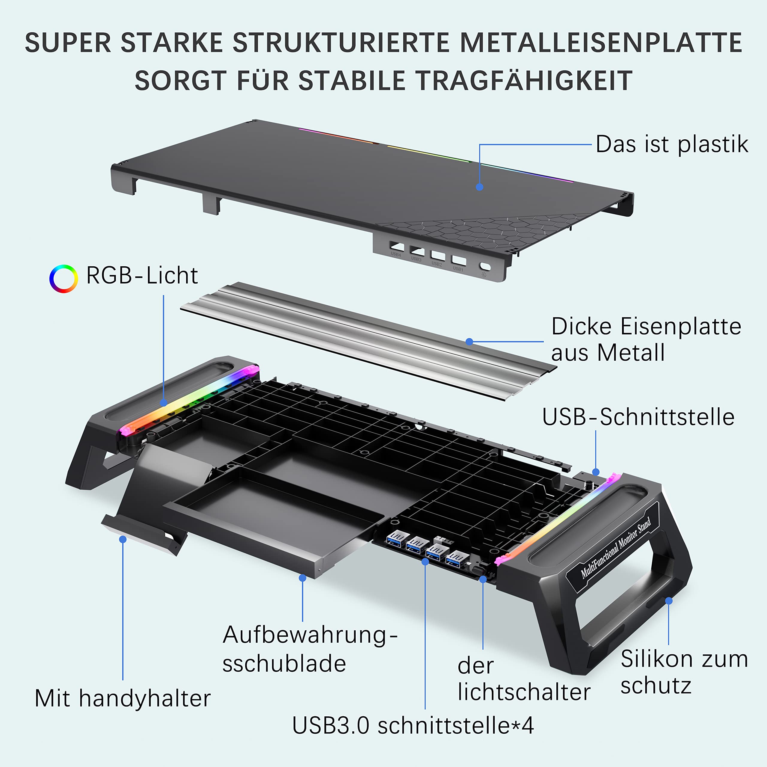 Supporto per monitor da scrivania per gaming con 4 hub USB 3.0 e luce RGB, monitor riser pieghevole computer con cassetto e portapenne, per PC/laptop/iMac - nero