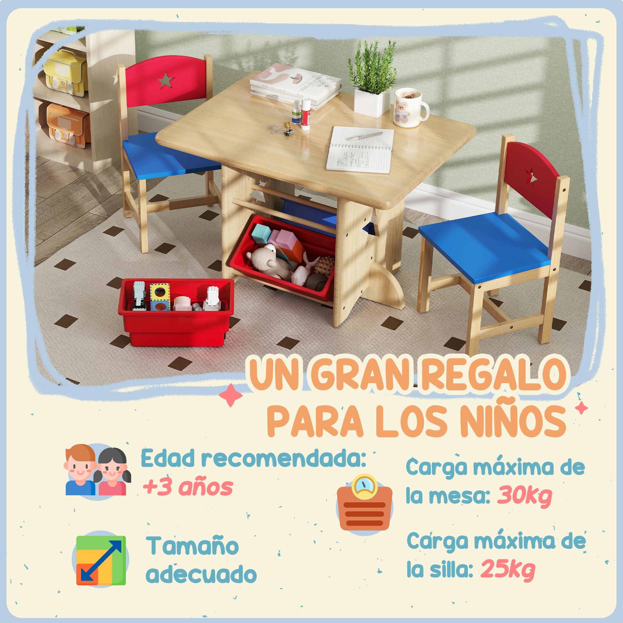 AIYAPLAY Mesa y Sillas Infantiles de 3 Piezas, Mesa Infantil, Natural | 2 Sillas, 4 Cestas de Almacenamiento, Juego de Muebles para Actividades, Niños de +3 Años, Sala de Juegos