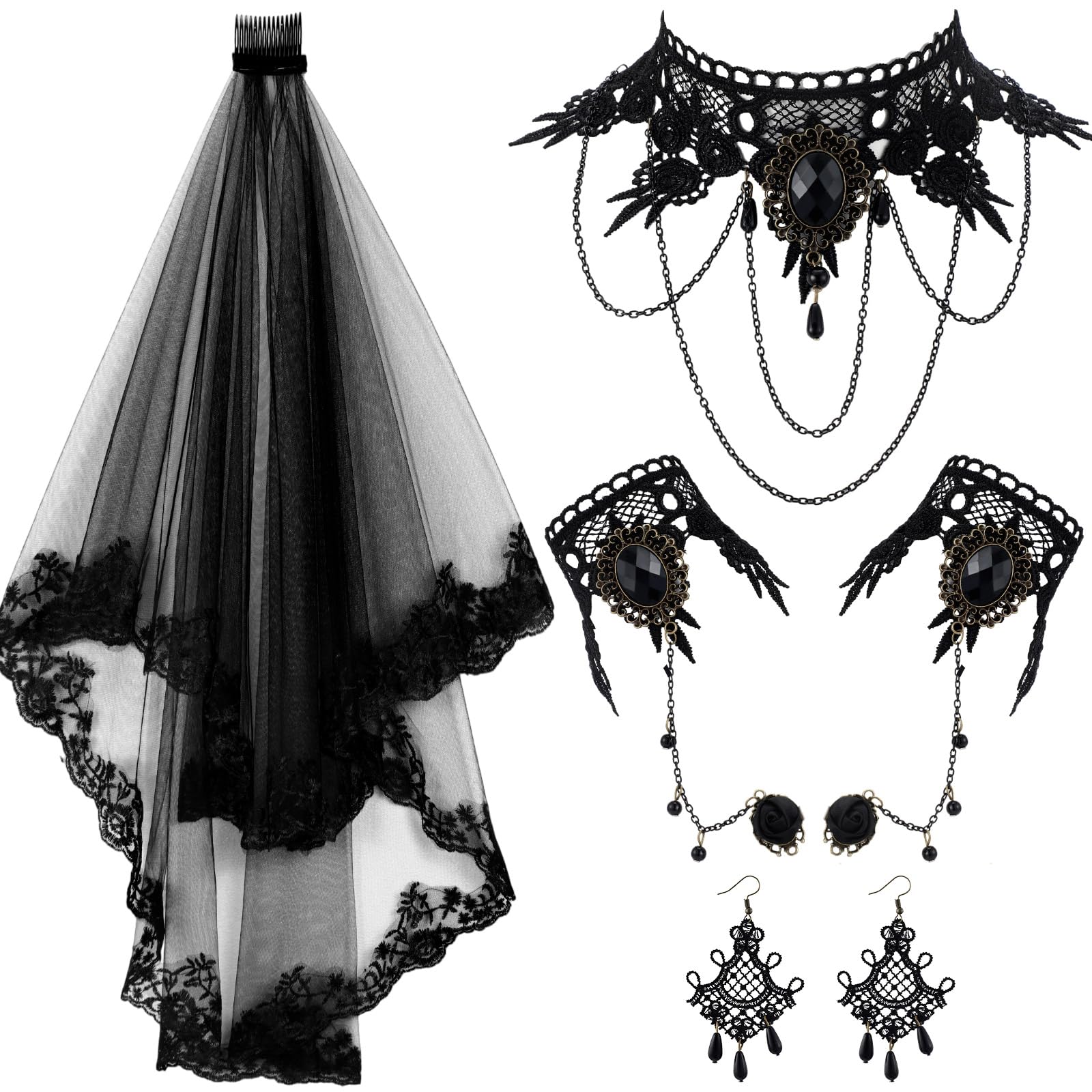 6 Pcs Gothic Choker Set - Black Lace Necklace, Bracelet, Earring Set, Veil with Comb - Goth Jewelry Set for Women's Halloween Dress