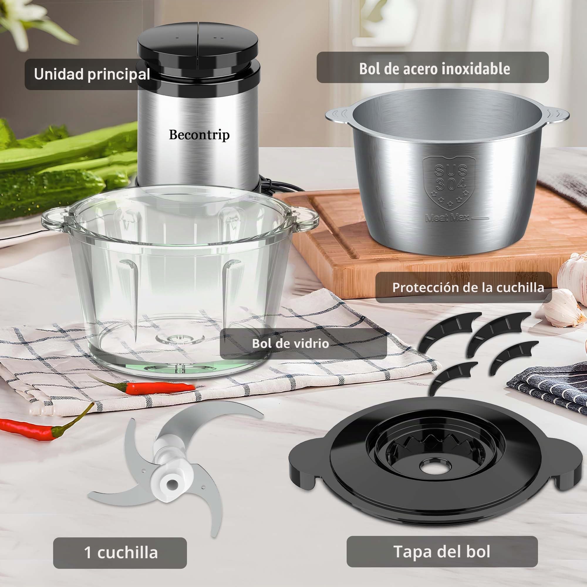 Picadora Eléctrica, 500W Trituradora de Alimentos, 2L Tazón Vidrio & Acero Inox, 4 Cuchillas, 2 Velocidades, con Motor Cobre Mini Food Processor Para Carne/Verduras/Cebolla/Frutas/Cocina