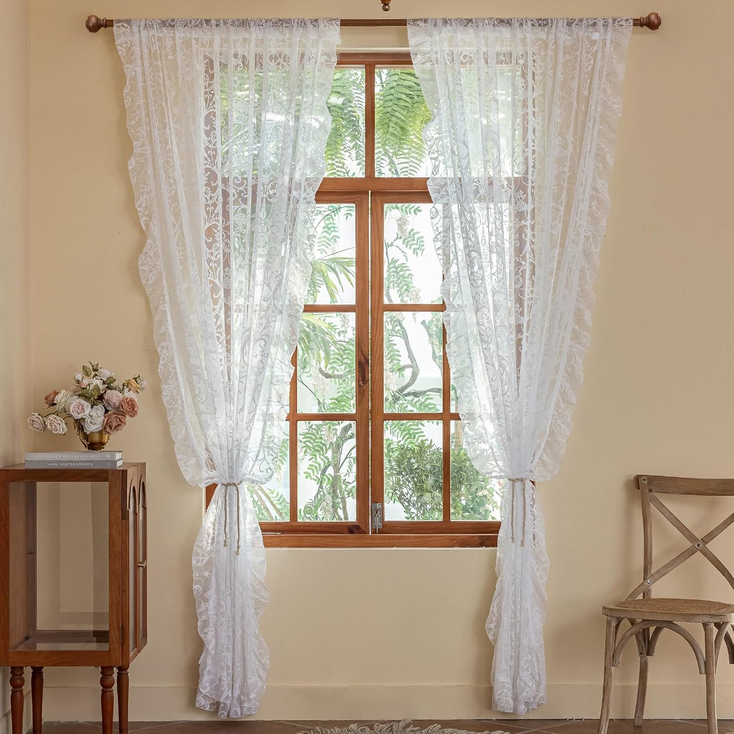TUDECO Sheer Floral Curtains 108 Inches Long - Romantic White Lace Curtains for Living Room Rod Pocket Embroidered See Through Coquette Voile Window Decor 2 Panles, 59 x 108 Inches, White