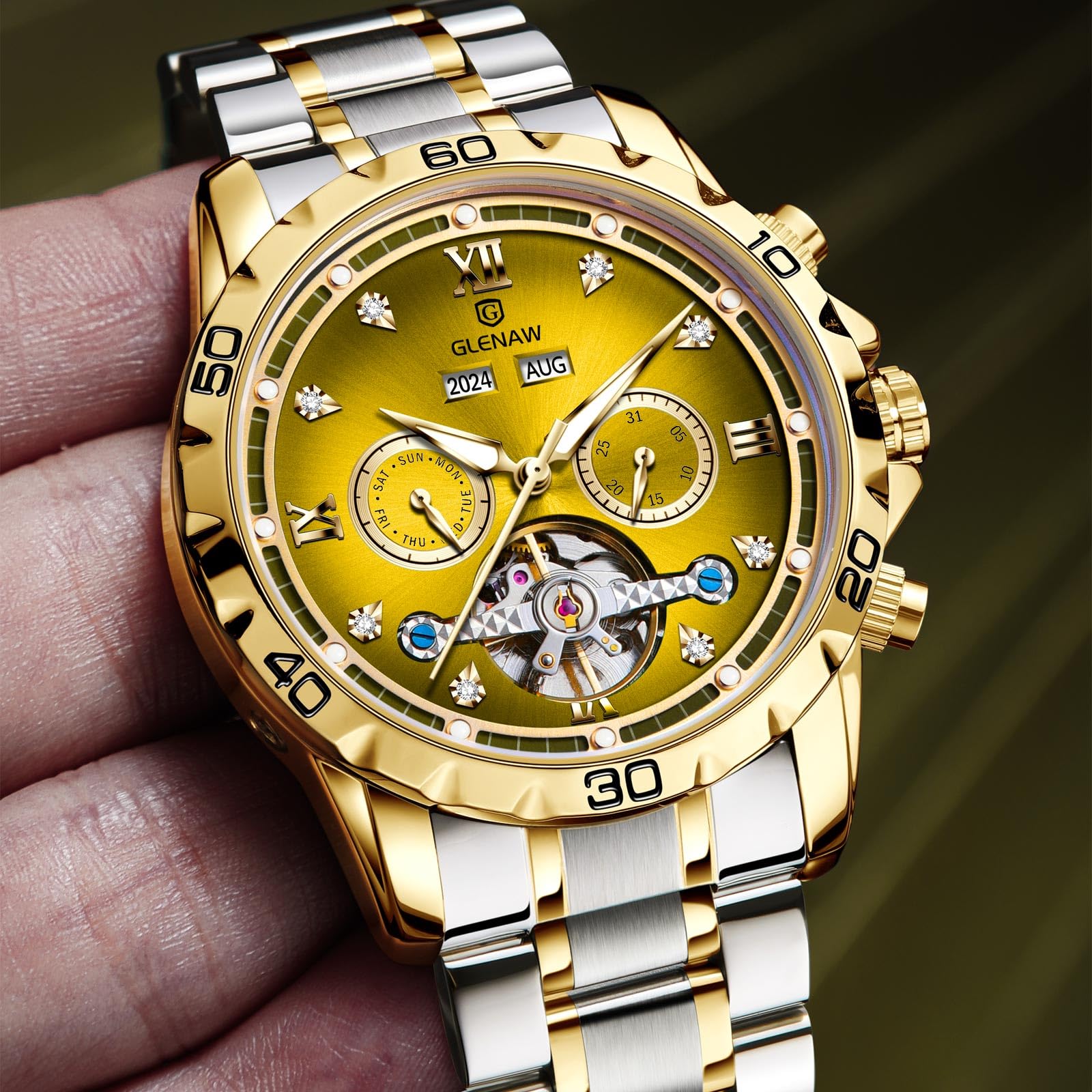 GLENAW Reloj automático para hombre, esqueleto con números romanos, esfera de diamante, acero inoxidable, impermeable, para el día, fecha, negocios, casual