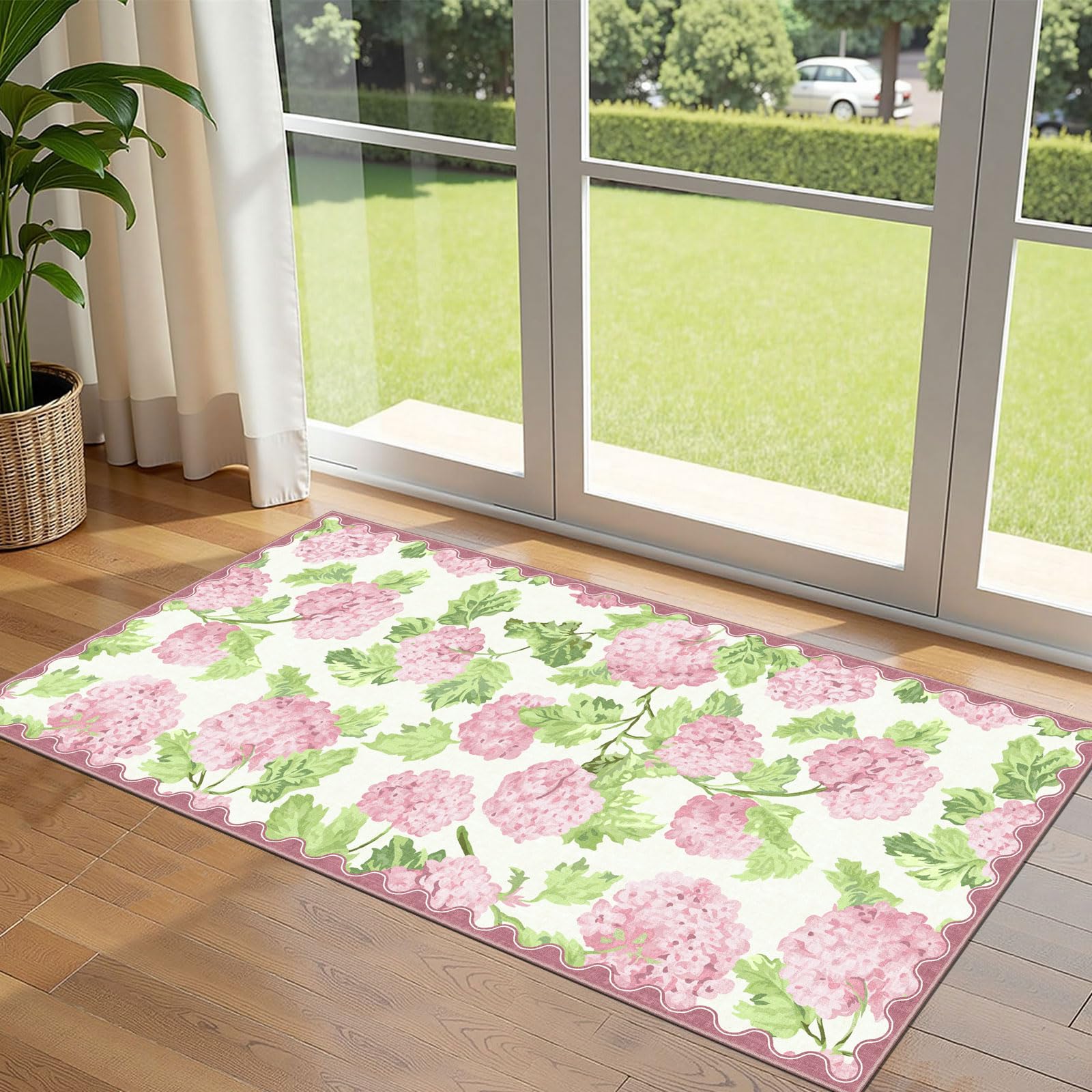 Othilic Front Door Mat Indoor Entrance - 2x4.3 Pastel Pink White Floral Rug — image 1