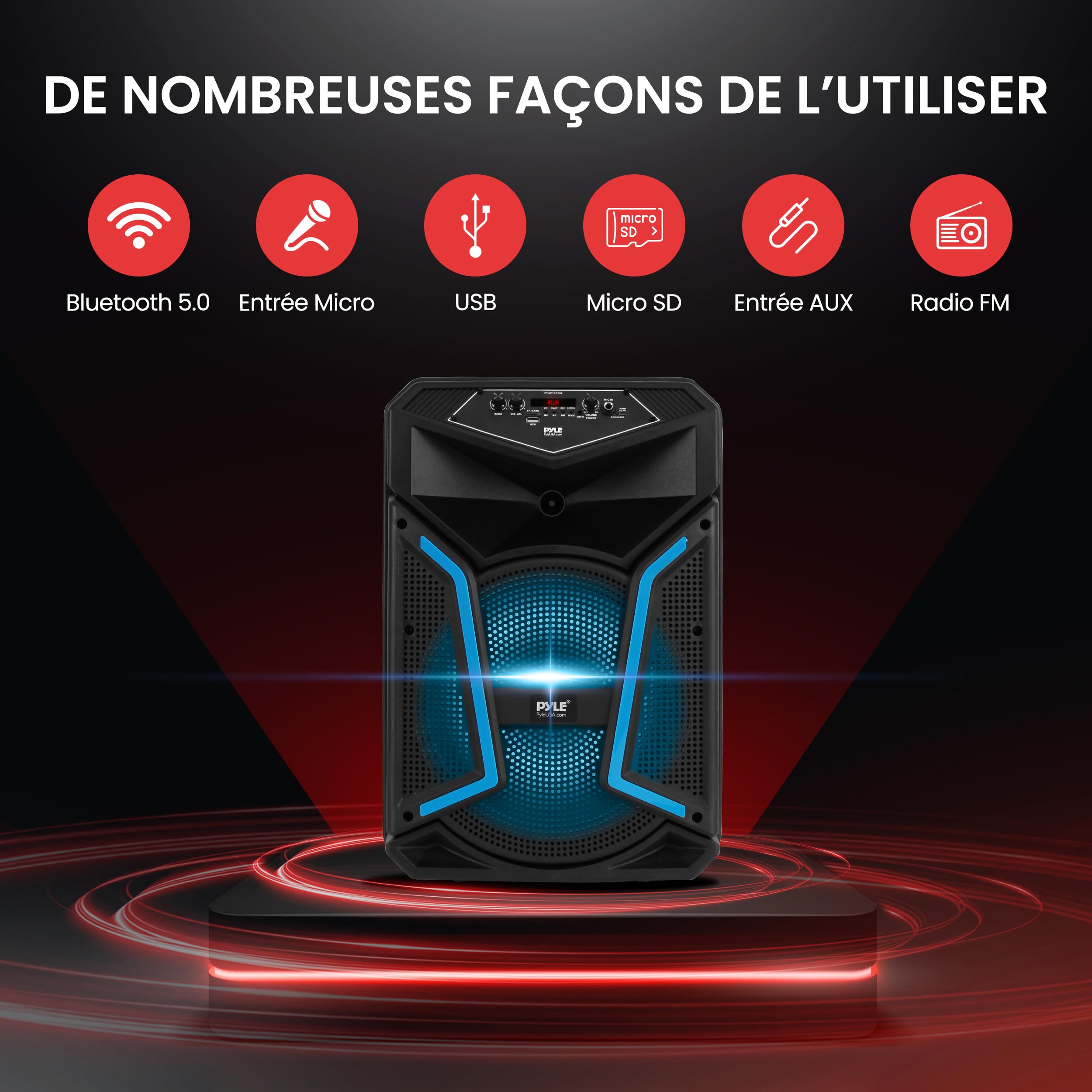 Pyle Haut-Parleur Bluetooth PA Portable 800 W Max, Enceinte Karaoke avec Microphone Filaire, Subwoofer 12", Lumières LED, Radio FM, USB/Carte SD MP3, Entrée Micro/Guitare, Batterie Rechargeable, Roues