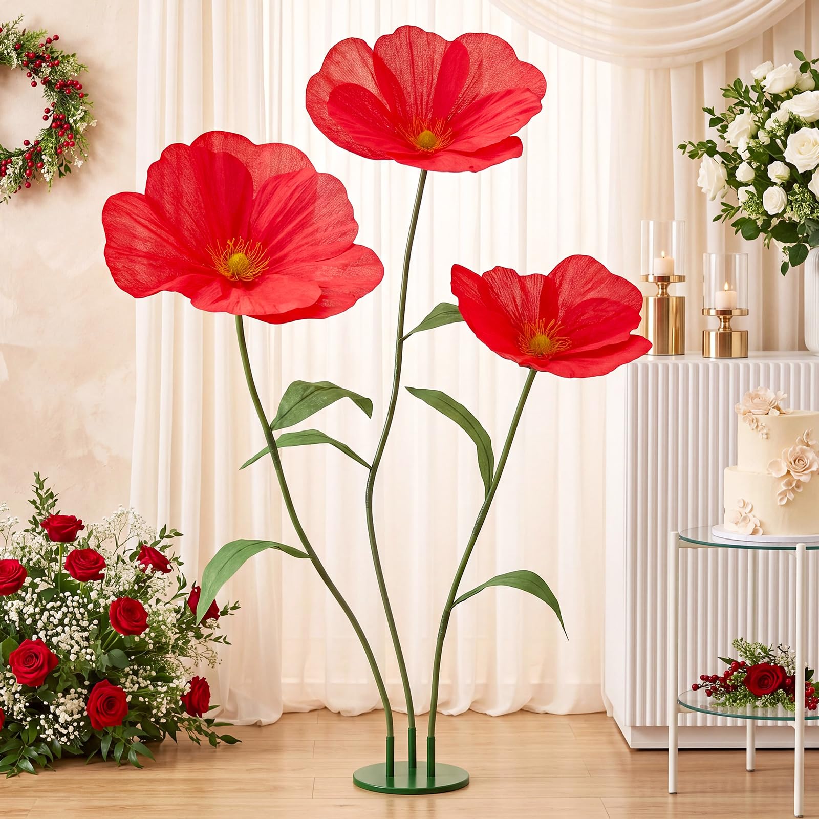 Photo 1 of Rivvlive 6ft Red Giant Flowers for Decoration with Stand, Large Artificial Poppy, Big Paper Flower Decor for Garden Wedding Party Photography Props Hotel Office Art Gallery Shop Window Display