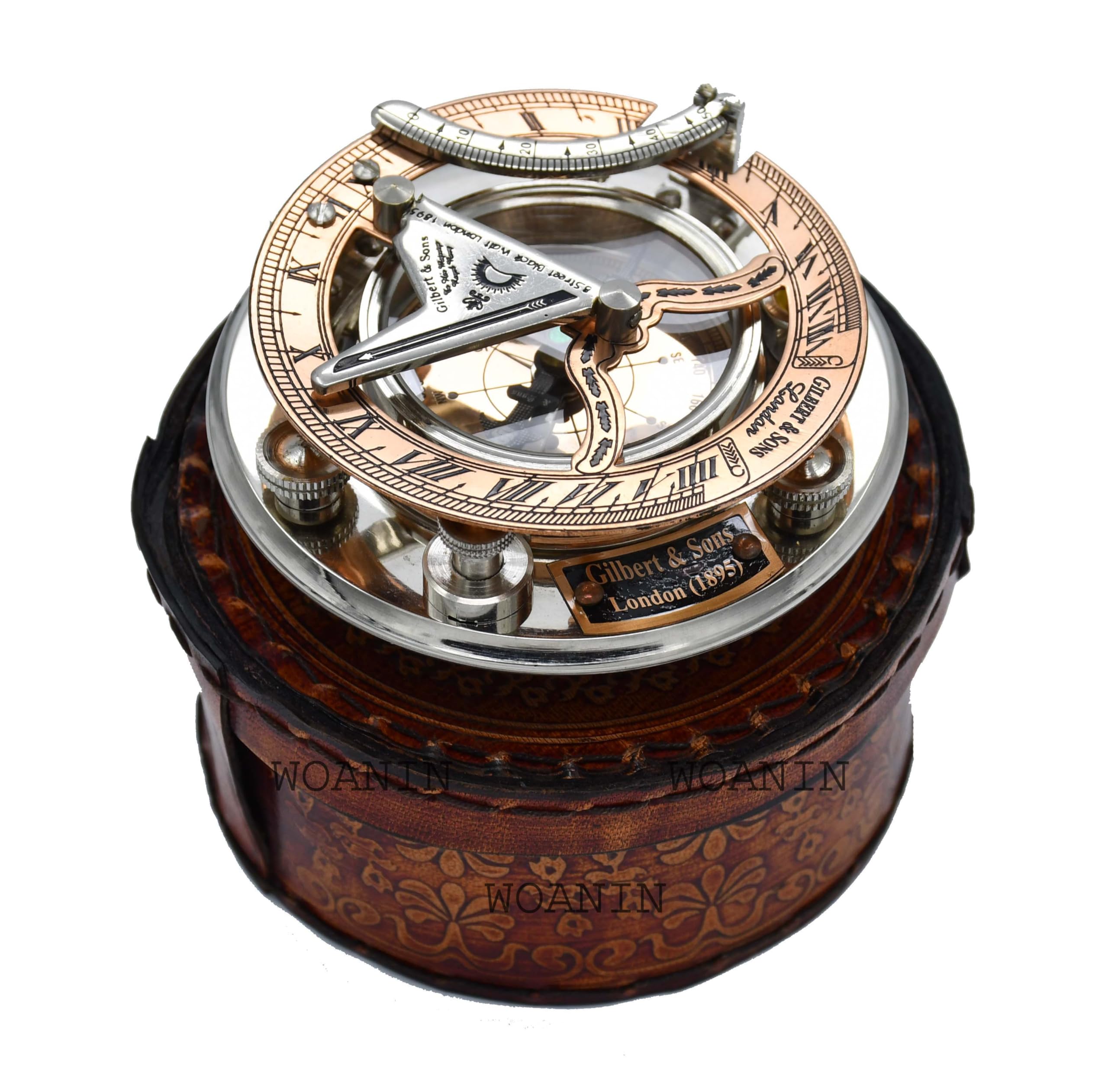 Woanin Silver & Copper Compass, Personalized Engraved Sundial Compass, Antique Brass & Copper Compass, Sundial Clock In Box Gift Sun Clock Vintage Gift (Silver & Copper)