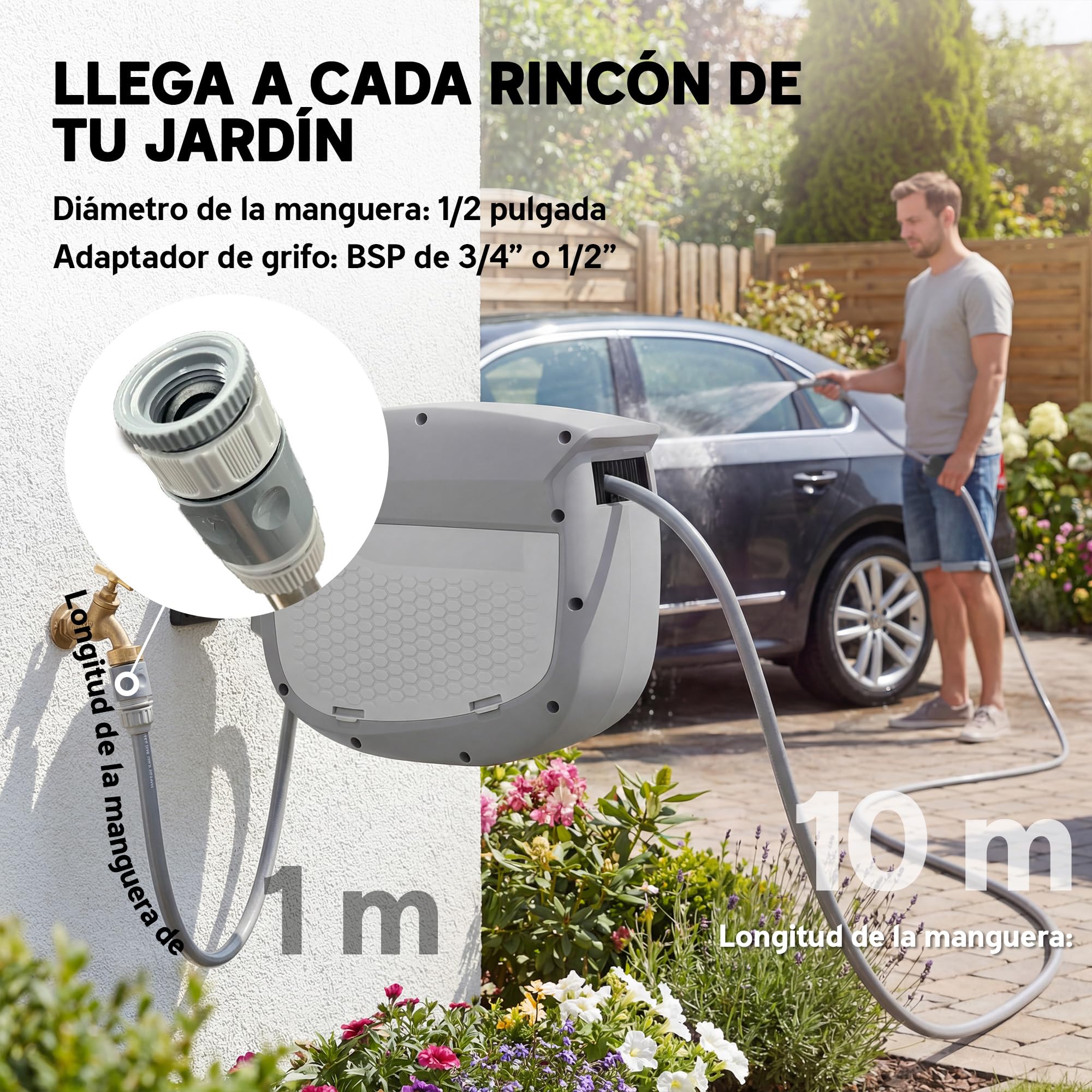 Outsunny Enrollador de Manguera para Jardín 10+1 m con Boquilla de 2 Modos, Carrete de Manguera de Jardín de Pared con Bloqueo Automático y Retracción Controlada, Soporte Orientable 180°, Gris
