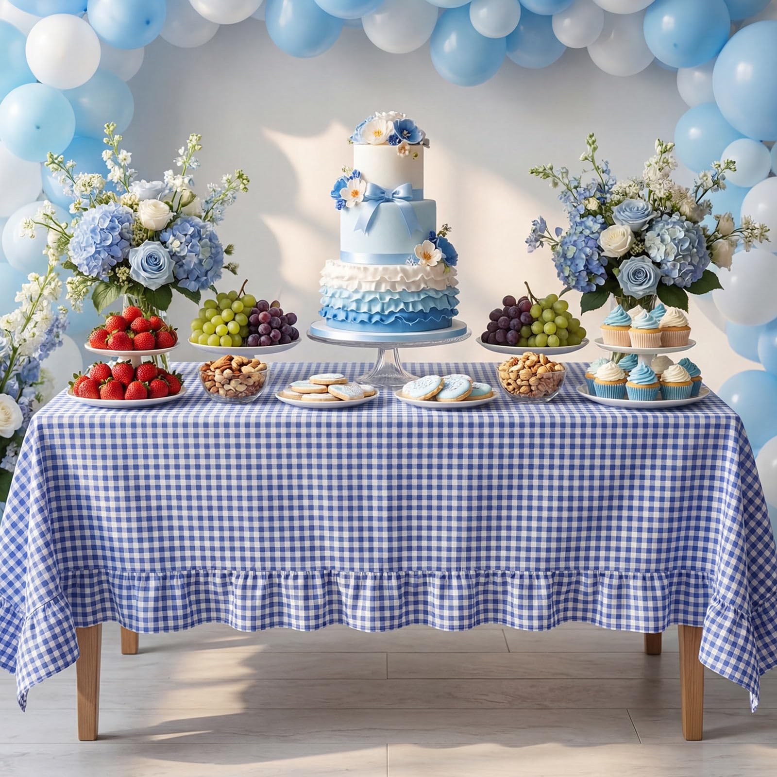 Mindsoft Blue Plaid Ruffled Table Cloth Cotton Linen Rectangle Gingham Tablecloth Classic Farmhouse Vintage Checkered Table Cover Buffalo Plaid Decorative for Home Holiday Party (84 x 60 Inches) — image 1