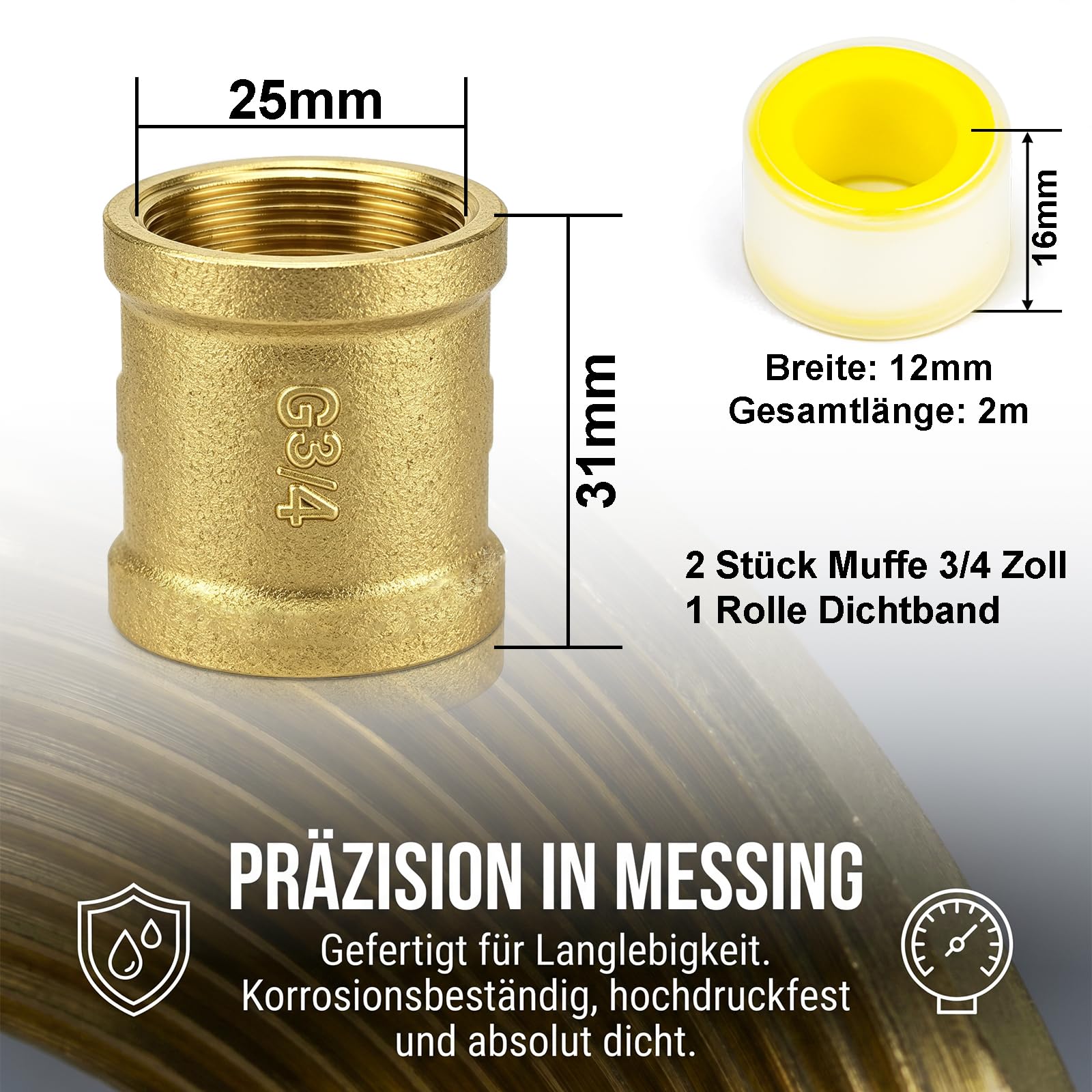 Produktbild von Messing Muffe Mit Innengewinde – 3/4″ – Trinkwasser Geeignet, 16 Bar, Bis 180°C – Für Heizung & Sanitär