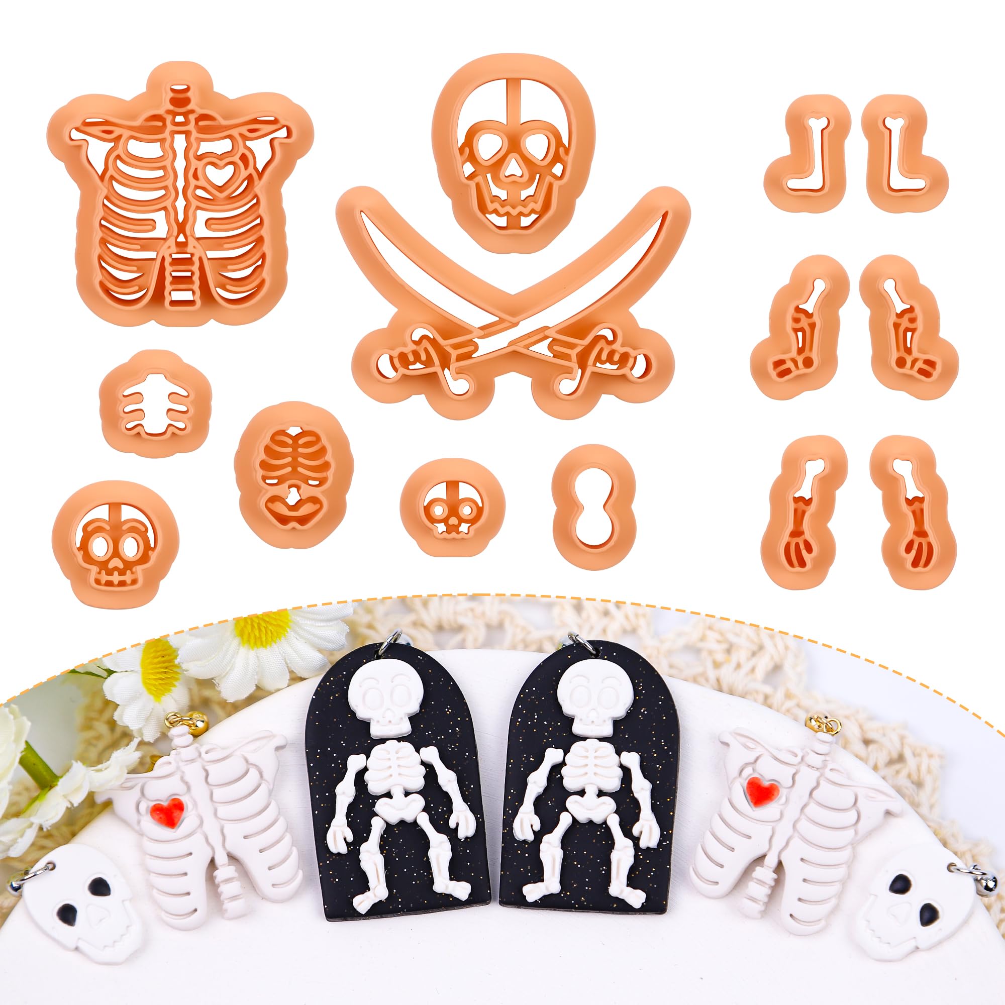 Puocaon Skull Polymer Clay Cutters - 14 Pcs Human Bone Clay Cutters for Polymer Clay Earrings, Skeleton Clay Earring Cutters, Boho Clay Cutters for Earrings, Sword Shape Clay Cutters