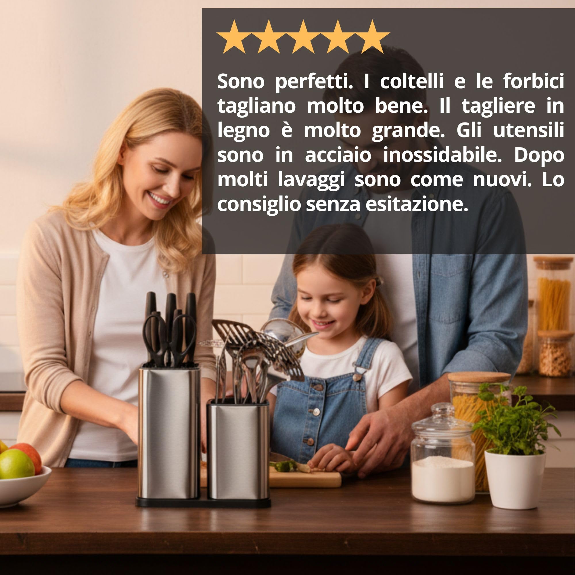 Set Utensili Cucina completo in acciaio inox da 17 Pezzi con set coltelli da cucina professionali, tagliere da cucina professionale, porta coltelli cucina e accessori cucina. Il Tuo Kit Cucina Ideale