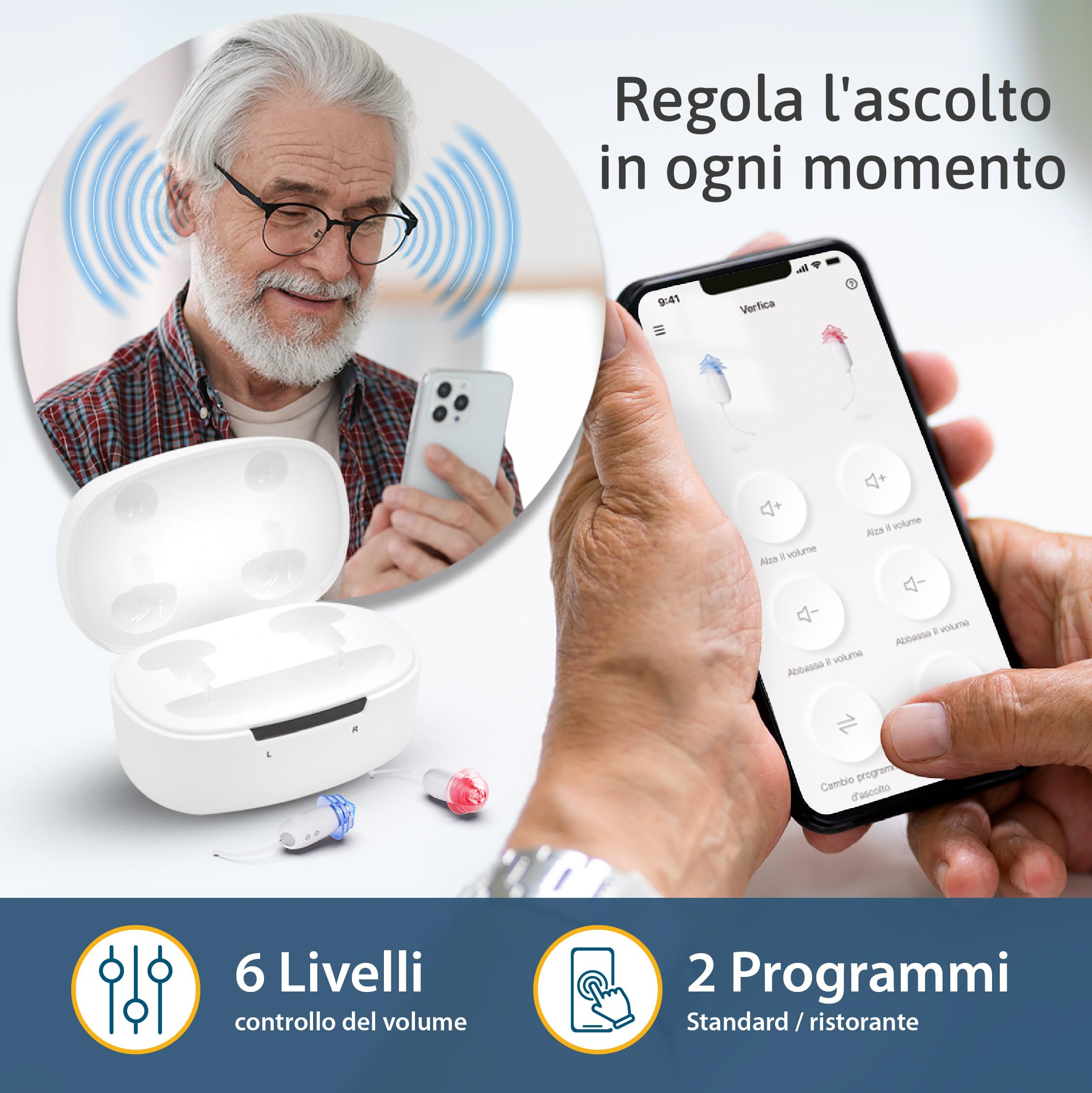 mini amplificatore acustico Ceretone Core One, amplificatore udito ricaricabile, micro amplificatore audio con app per regolazione del suono