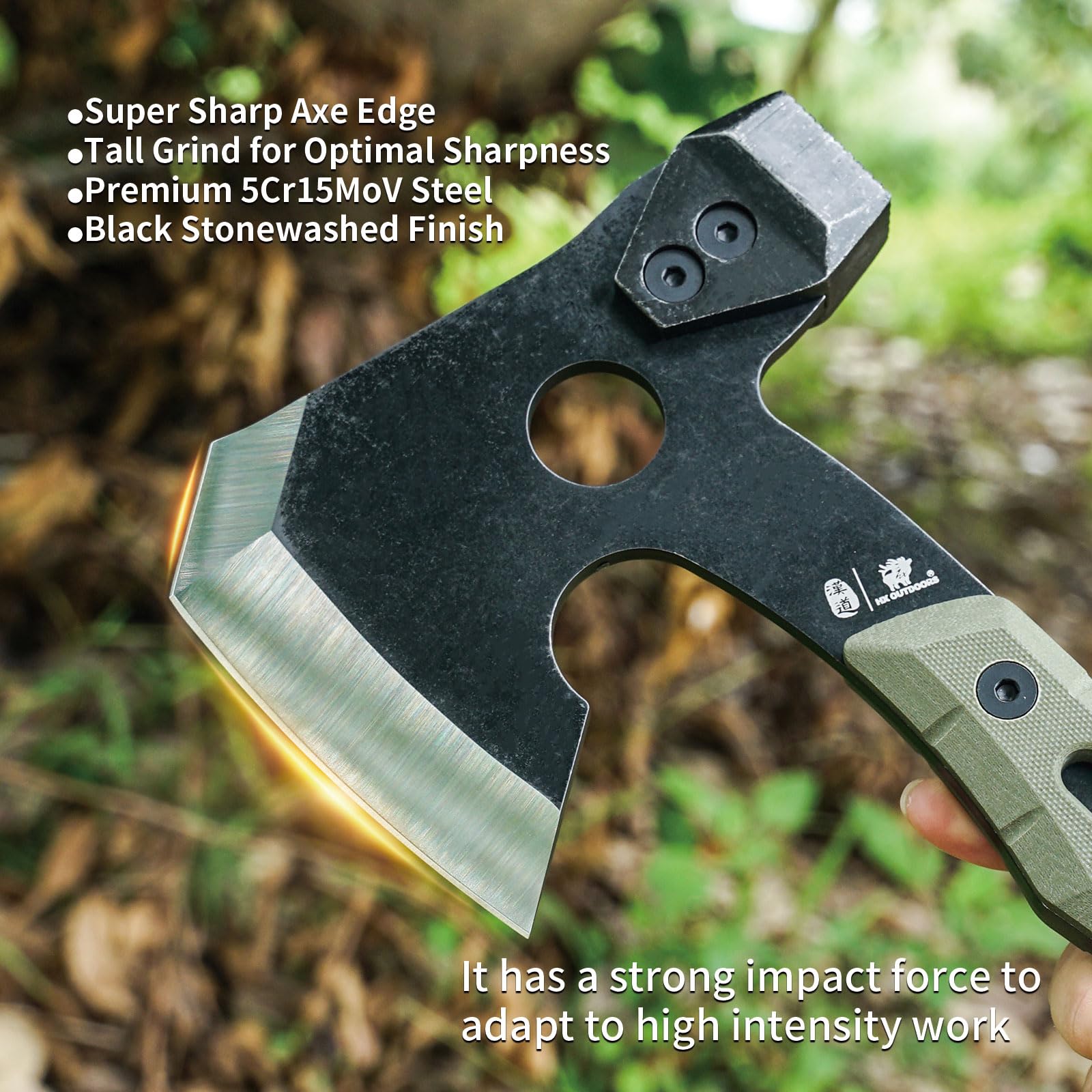 HX OUTDOORS Ascia Multifunzionale da Spaccatura, Ascia Tattica da Sopravvivenza Full Tang per Campeggio, da Bushcraft con Martello ed Estraichiodi (Verde Militare)