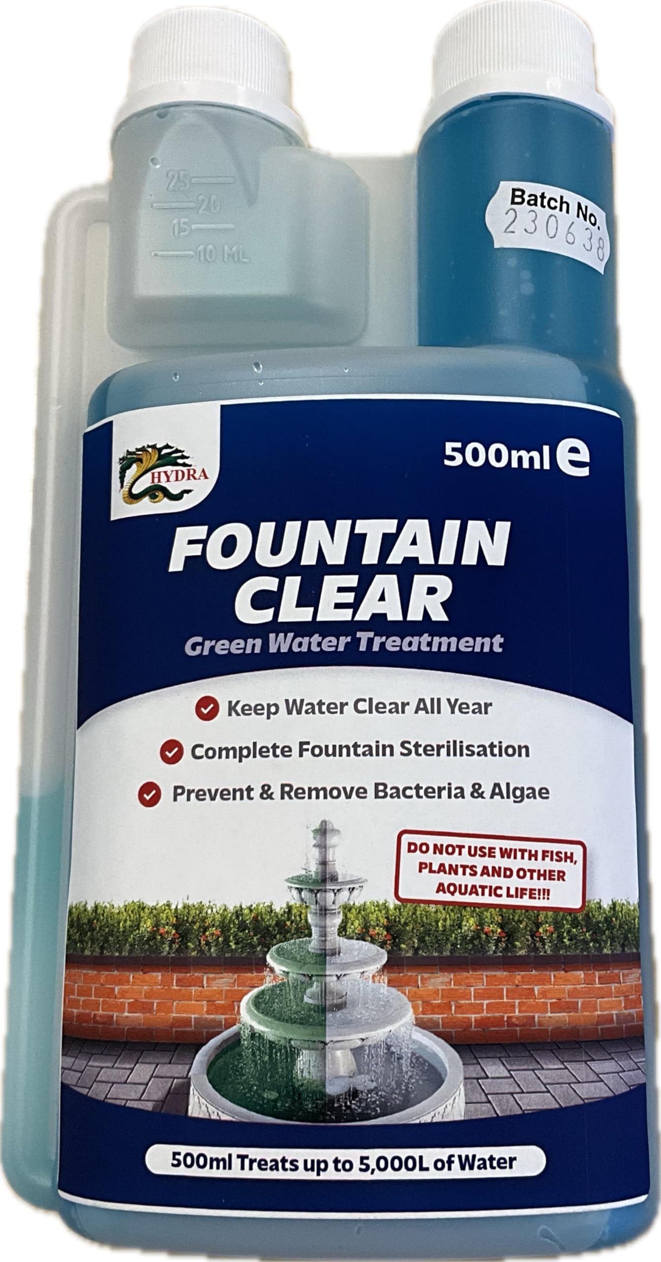Hydra Fountain Clear Water Feature Cleaning, 500ml Treats 15,000L Highest Dilution Rates, Fountain Cleaner Treatment Keeps Water Crystal Clear from Algae, Green Water, Biofilm Build-up