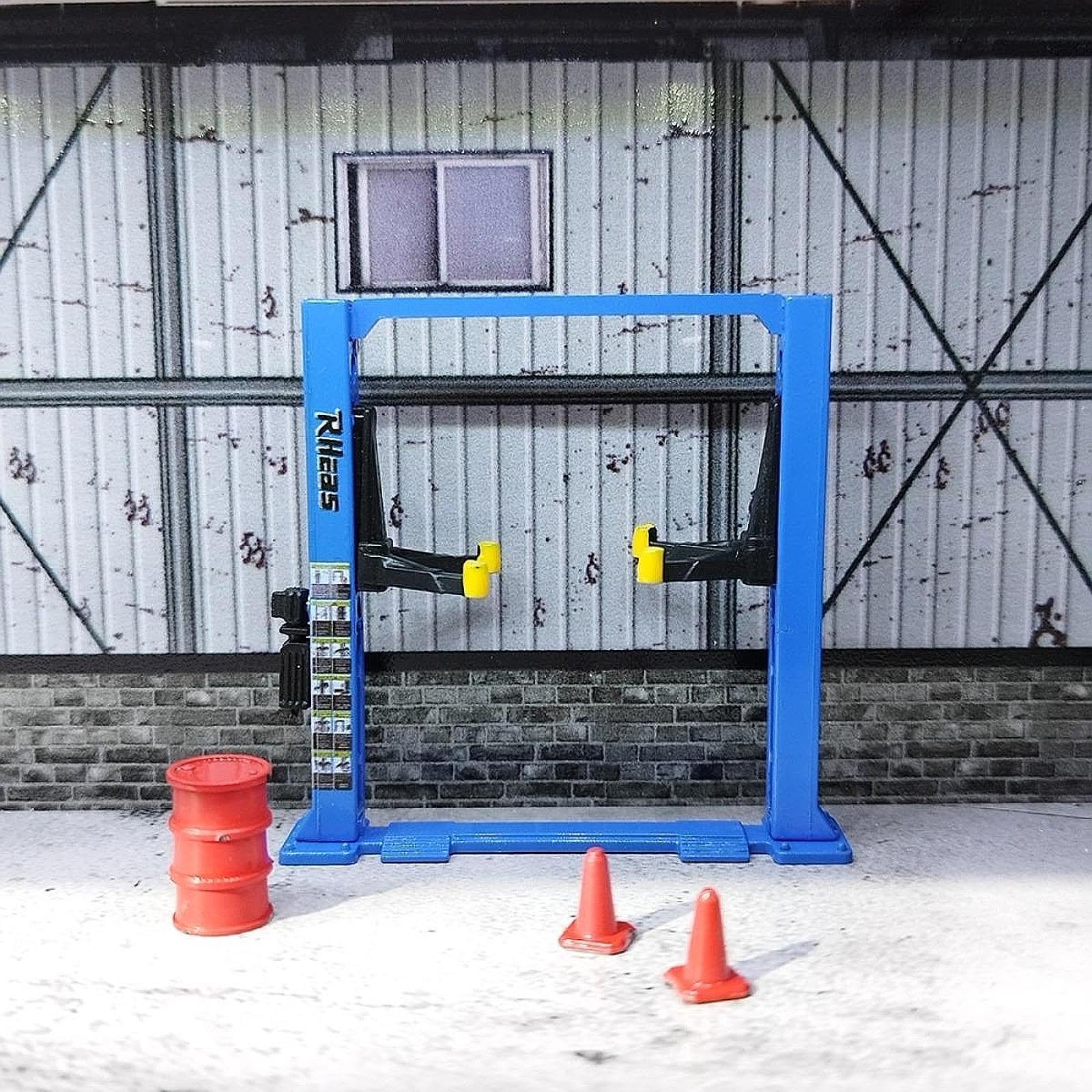 perfeclan 1/64 Diorama Garage Zeug Miniatur 4 Teile/satz Architektur Modell – Inkl. Hebebühne, Ölfass & Verkehrskegel – Für Modellbau & Fotografie – Ideal für Auto-Dioramen​, Blauer Farbaufheller