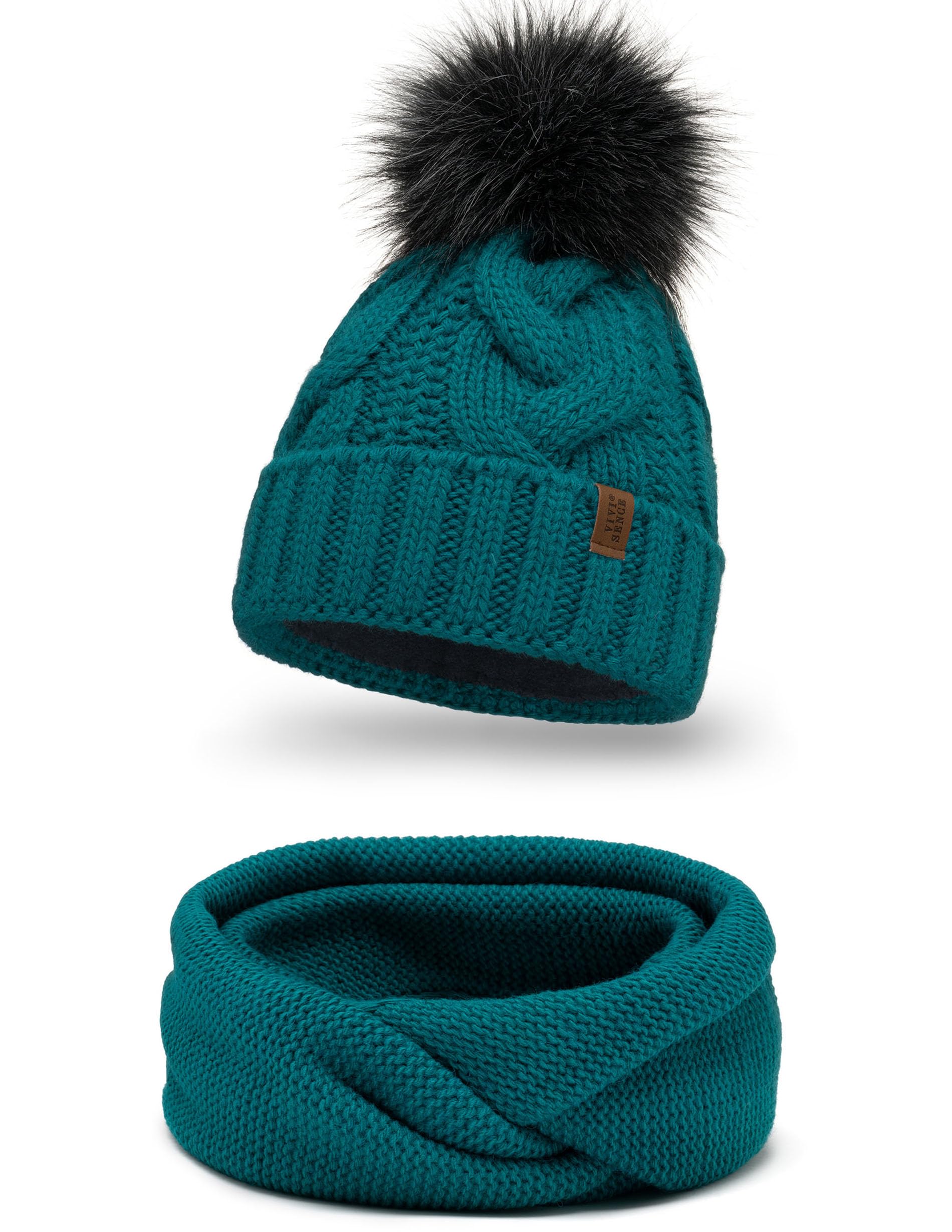 VIVISENCE Bonnet Femme d'hiver Automne en Tricot Doux Doublé Polaire avec Pompon en Fausse Fourrure Antistatique Chaud Et Ajustable Parfait pour Les Jours Froids 7014