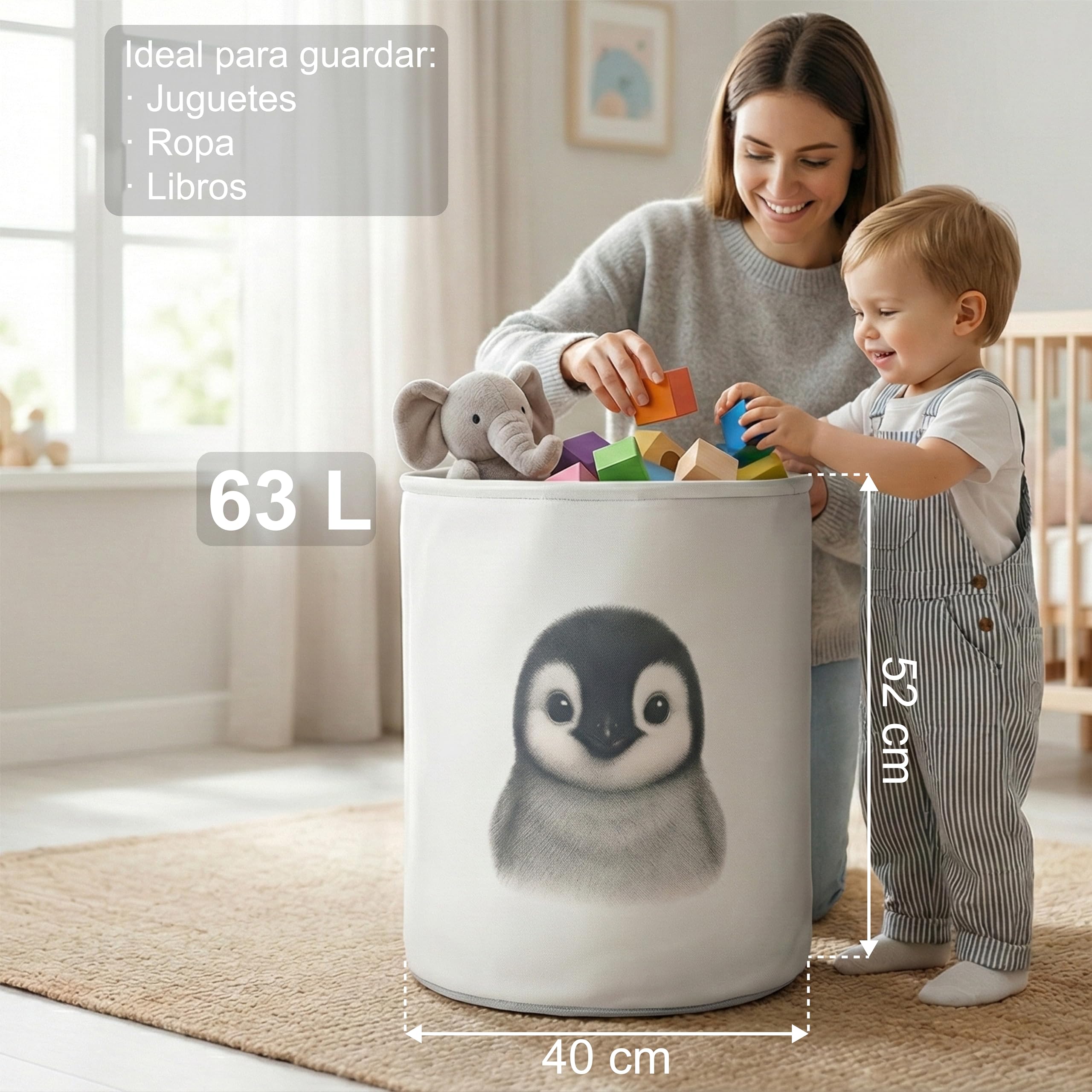 MyLittleNido Cestas almacenaje juguetes animales Organizador juguetes infantil Cesta bebe recién nacido niño Cestas Regalo bebe Cesta almacenaje infantil Cesto ropa sucia con tapa (Pingüino)