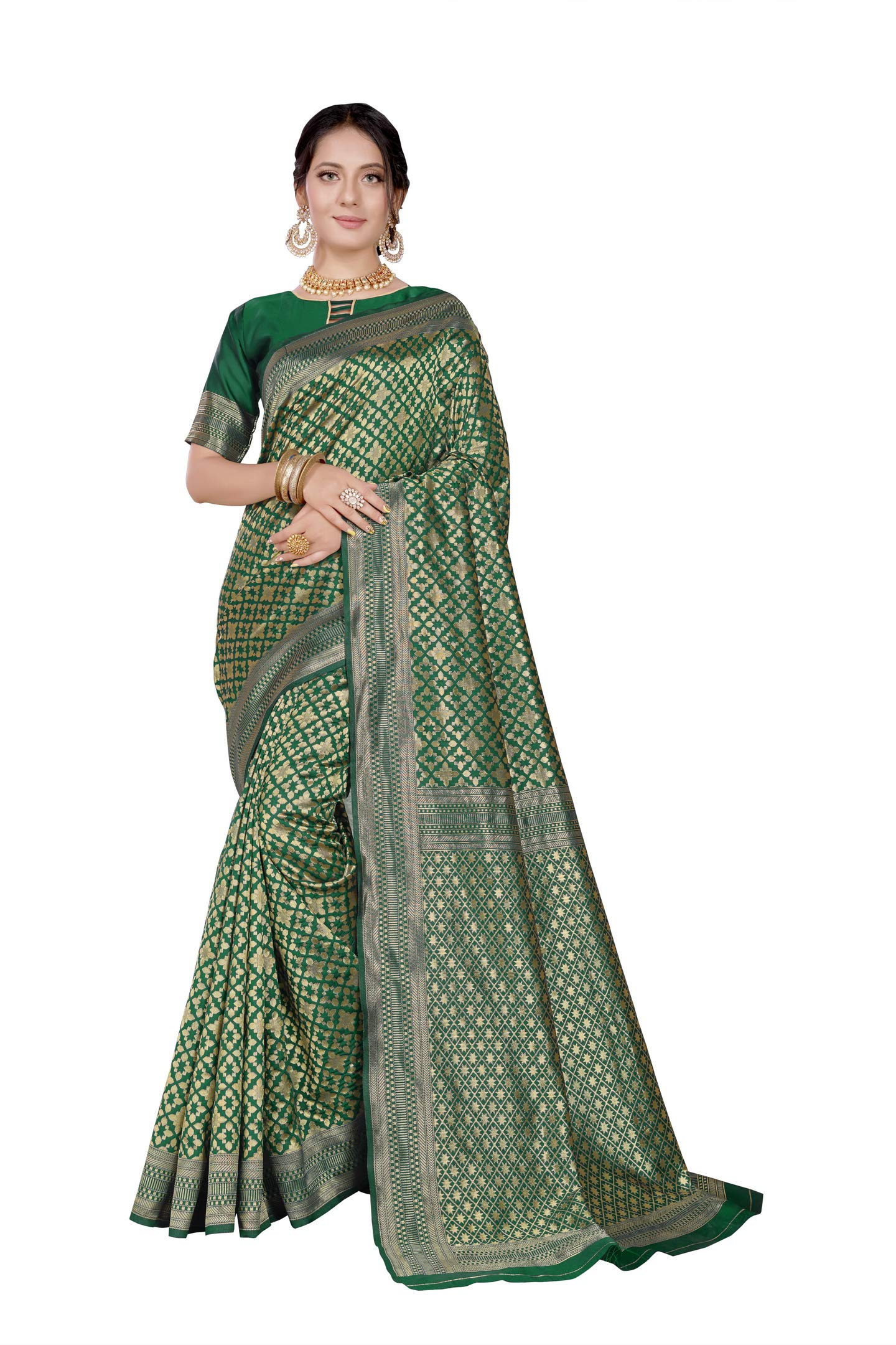 Glory Sarees Women's Banarasi Silk Saree (Kara130Green_Green)