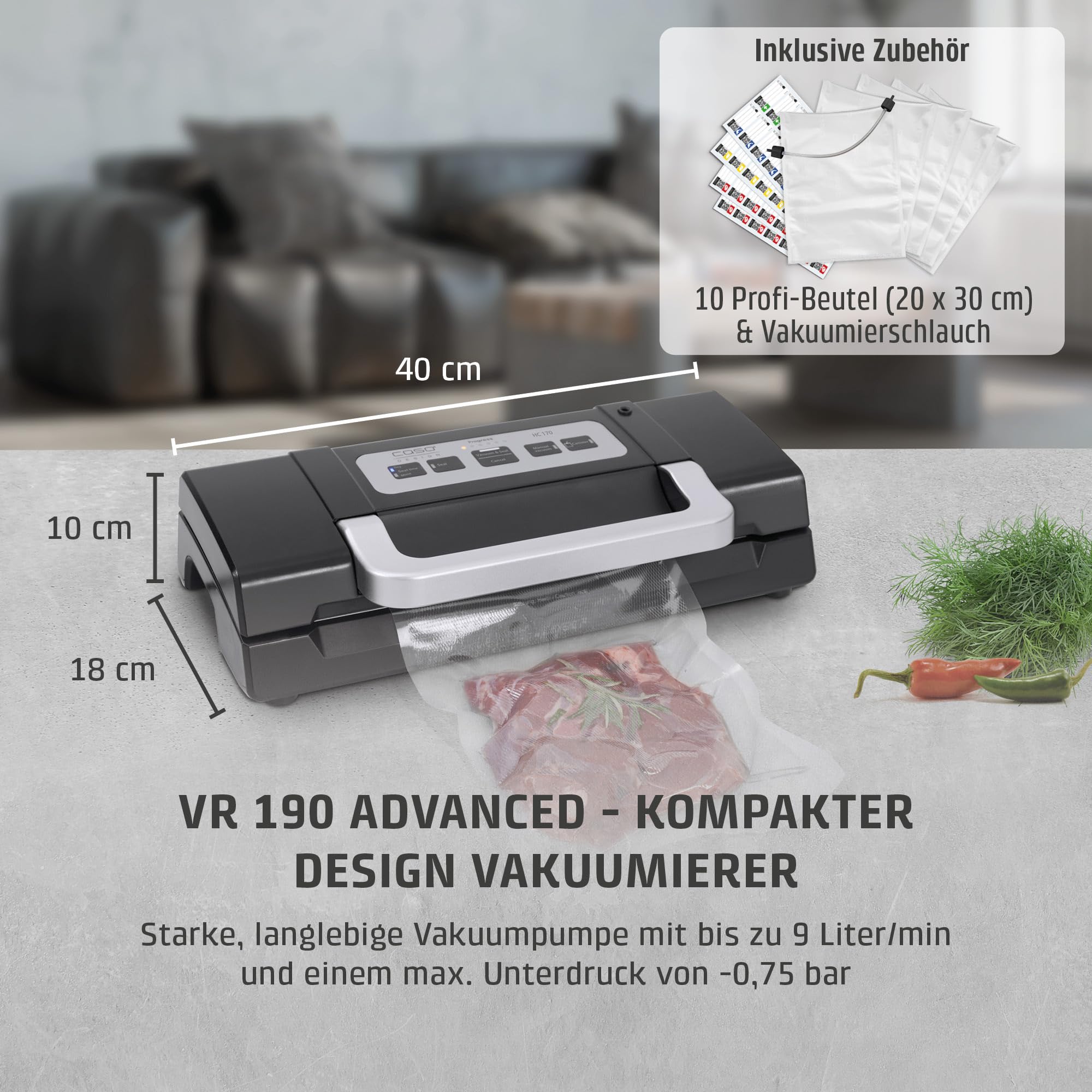 Caso HC170 Vakuumiergerät, Vakuumierer, Testsieger Haus & Garten Test, inkl. 10 Folienbeutel 20x30cm, Schweißzeit einstellbar, starke Pumpe mit 9 L/Min, extra breite Schweißnaht 2,5mm