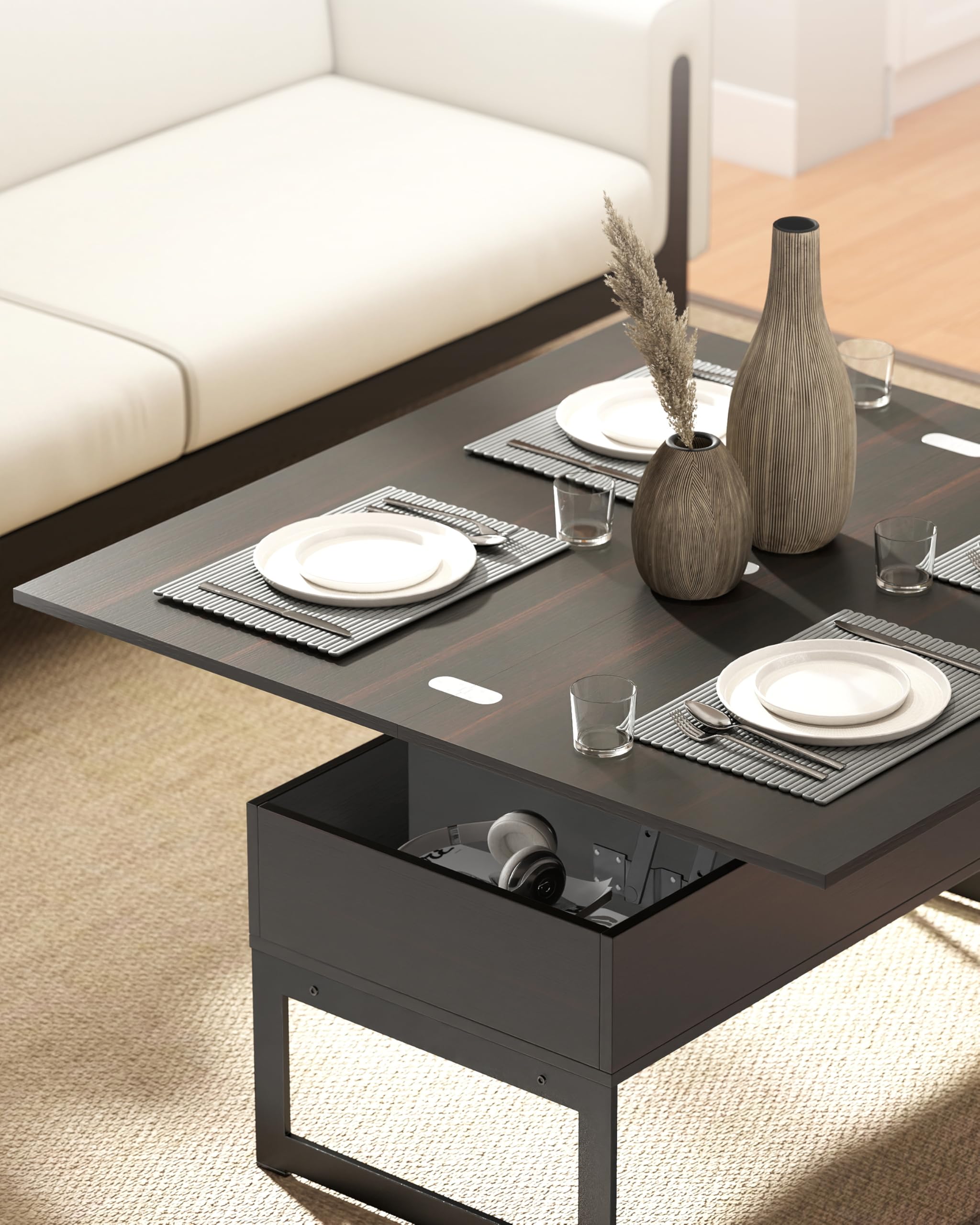 Manora Höhenverstellbar Couchtisch Ausziehbar,Wohnzimmertisch mit stauraum,Couchtisch Verstellbar,Kaffeetisch aus Holz Sofatisch für Wohnzimmer,Industrial Style (Bräunlich-schwarz)