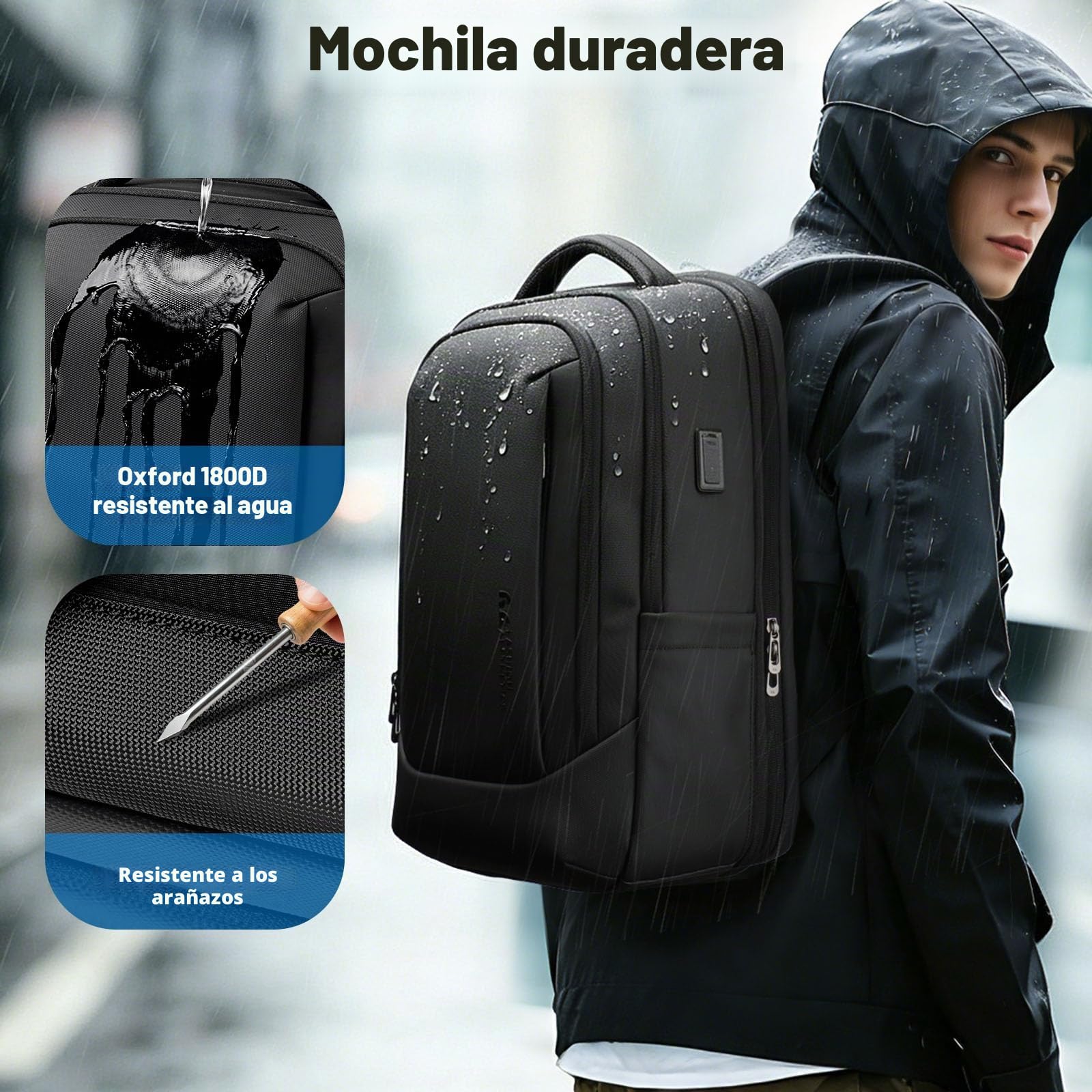 Mochila Expandible 40L para Portátil 16 Pulgadas, Mochila de Viaje Hombre | con USB-C y USB-A, Equipaje de Mano Aprobado Avión, Apertura 180°, Mochila Impermeable Antirrobo Trabajo Negocios, Negro