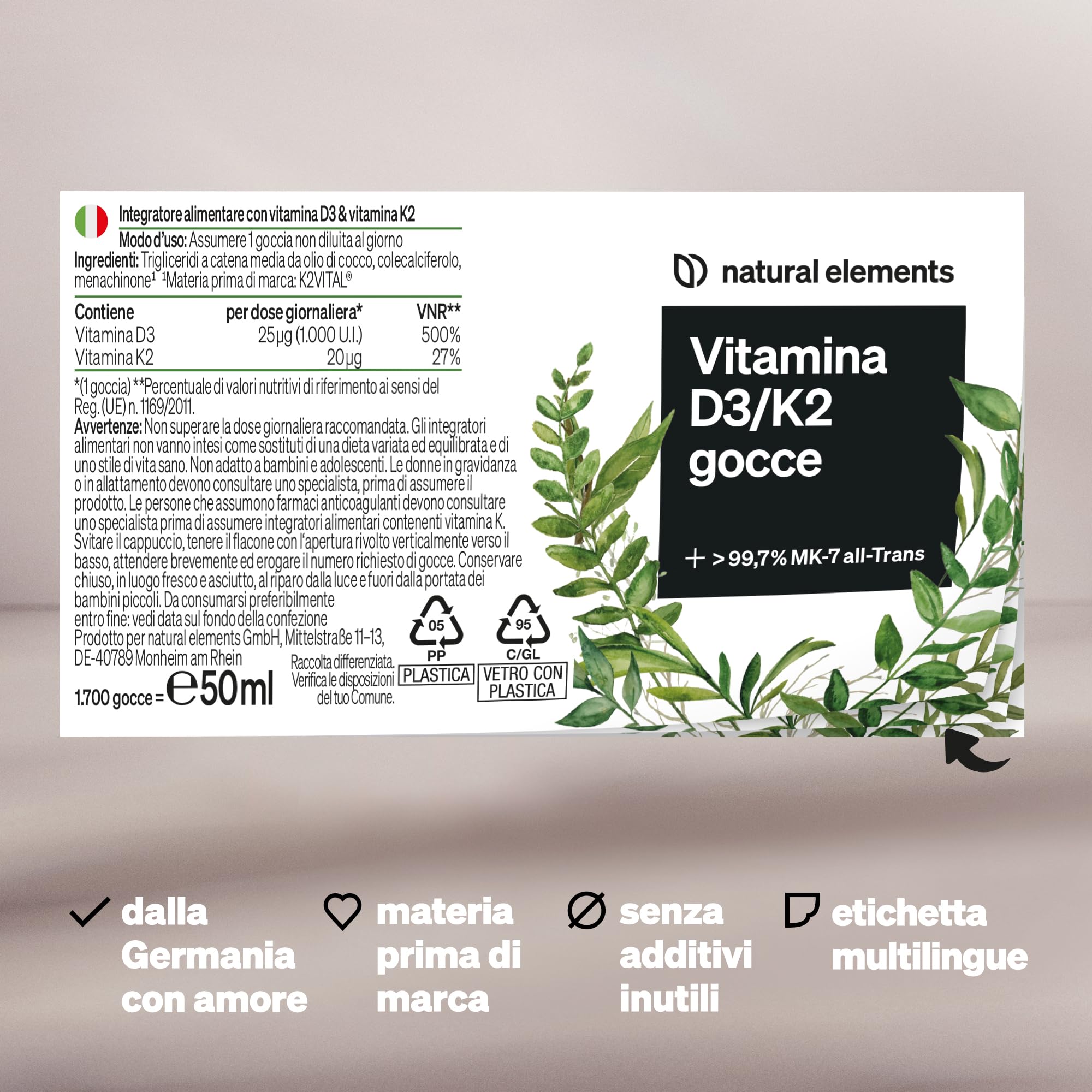 Vitamina D3 + K2 in gocce da 50 ml – Premium: minimo 99,7% all-trans (K2VITAL® di Kappa) + D3 ad alta biodisponibilità – natural elements – Integratore Vitamin D – alto dosaggio, liquida