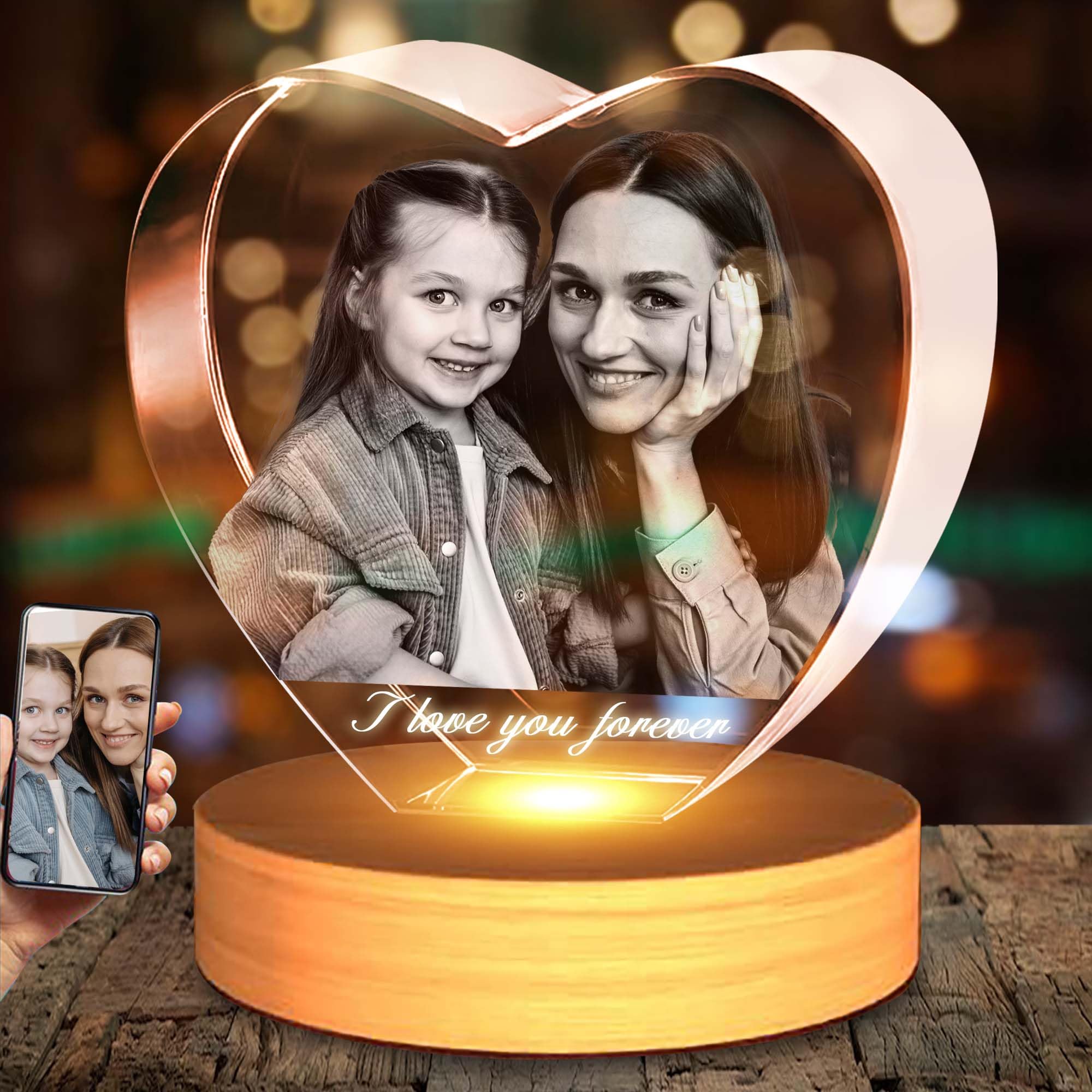 Personalisierte 3D Foto Glas, 3D Glasfoto mit Leuchtsockel, 3D Kristall Foto Glasbilder Fotogeschenke mit Lasergravur, Personalisierte Geschenke für Frauen, Freundin, MäNner, Mama, Papa