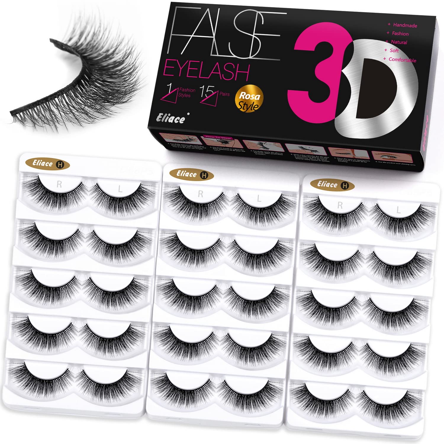 Eliace False Eyelashes Natural look Cat Eye Lashes Wispy Strips 3D Mink Lashes Fake Eyelashes Faux Fluffy,Winged Fox Eyelashes, Soft Thin Band Comfortable Reusable False Lash 13MM,15 Pairs Rosa Style