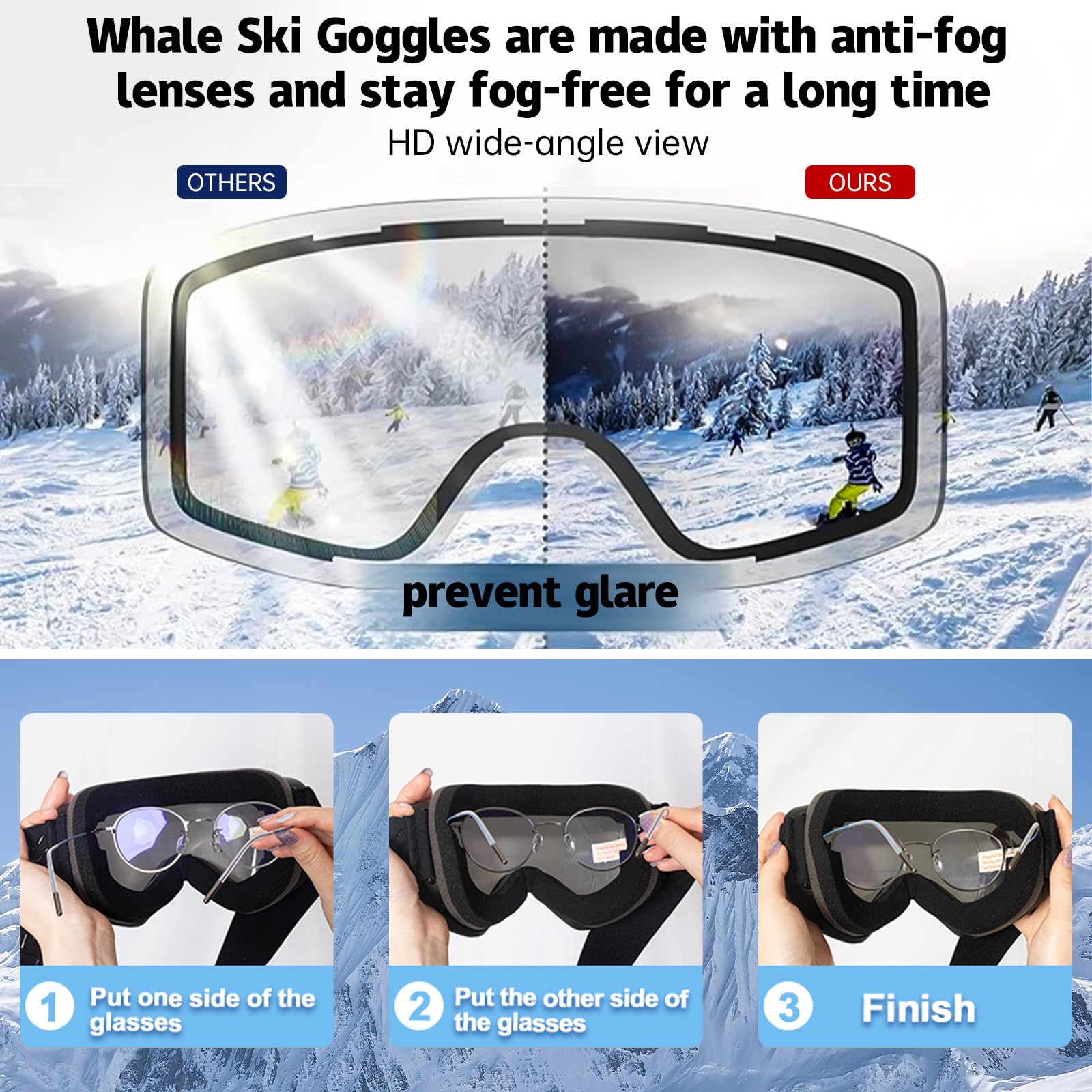 Skibrille OTG für Damen Herren Erwachsene Magnetisch Abnehmbare Wechselgläser Anti-Beschlag 100% UV400 Skibrille
