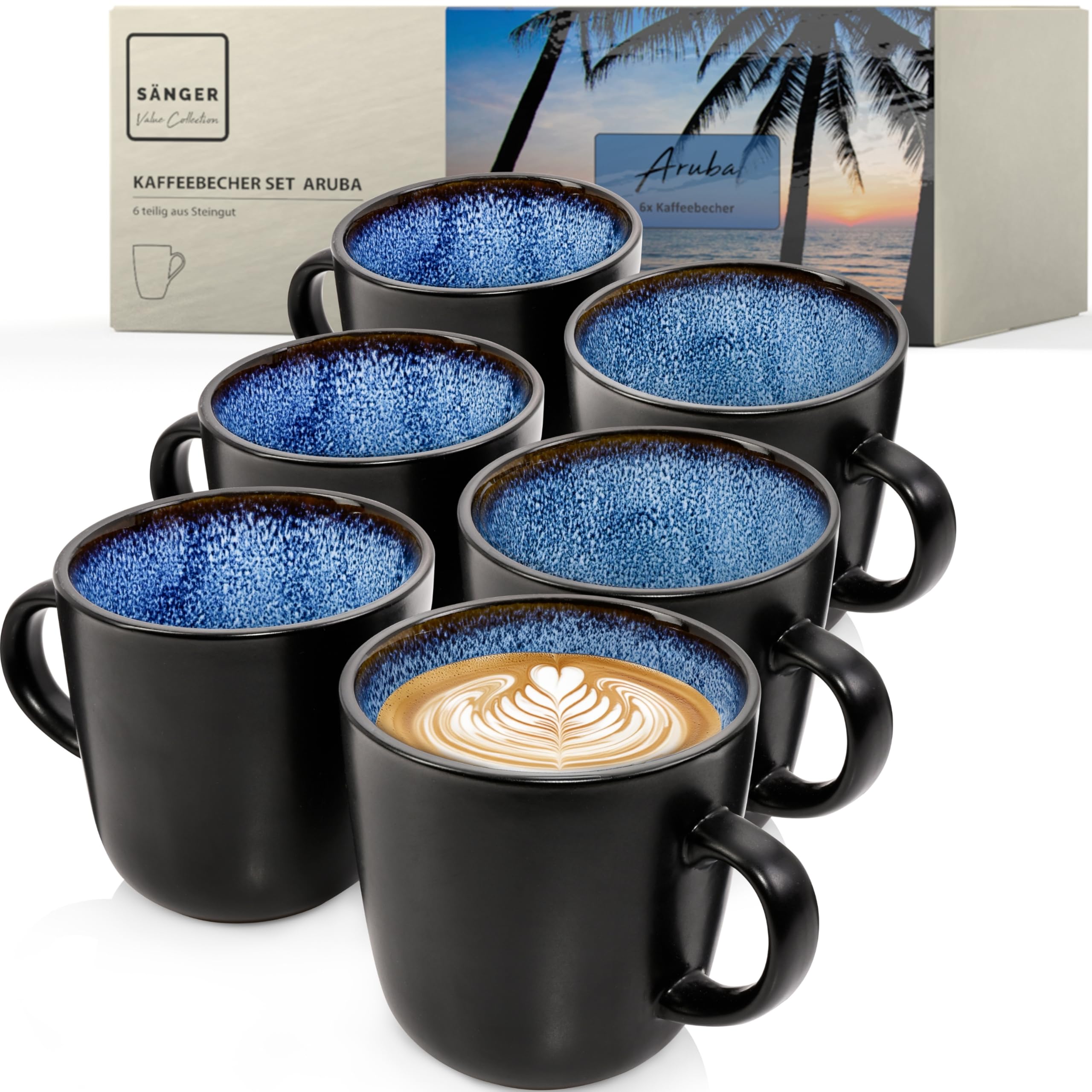 Sänger Aruba | Kaffeebecher 6 Personen, Steingut Kaffeetassen Set 6er, Tassen Set Teetasse Set spülmaschinenfest mikrowellenfest, Coffee Mug blau mit schwarzem Rand 430 ml | VALUE COLLECTION