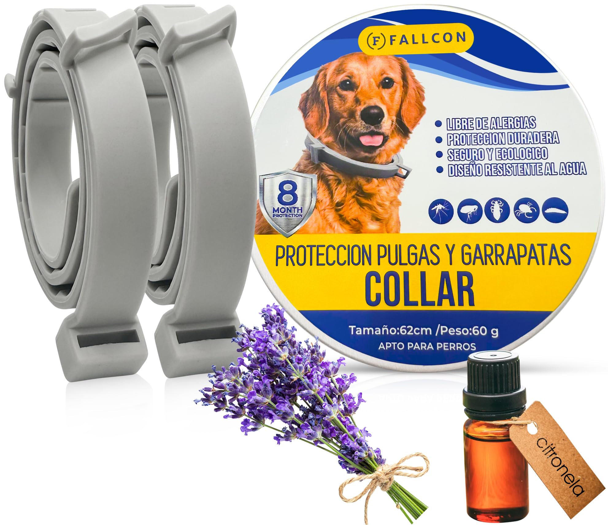 Collar Antiparasitos Perros 2PCS Natural Repelente Frente a Pulgas,Garrapatas y Mosquitos,Tamaño Ajustable e Impermeable para Mascota Pequeño Mediano Grandes (Gris)