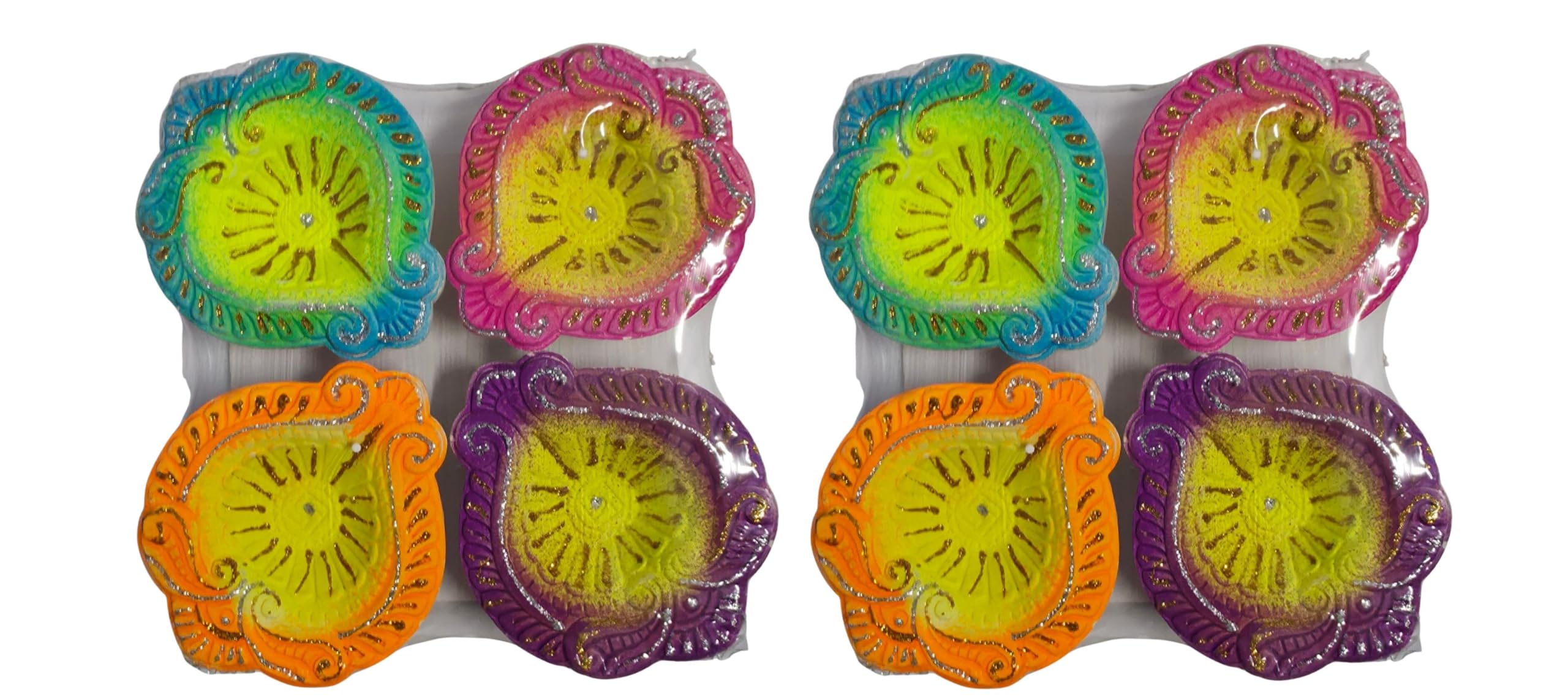Traditional Decorative Colorful Diya (Set of 4) – Handcrafted Clay Lamps for Puja, Festivals, Diwali & Home Decoration (Pack of 2) (Design 5)