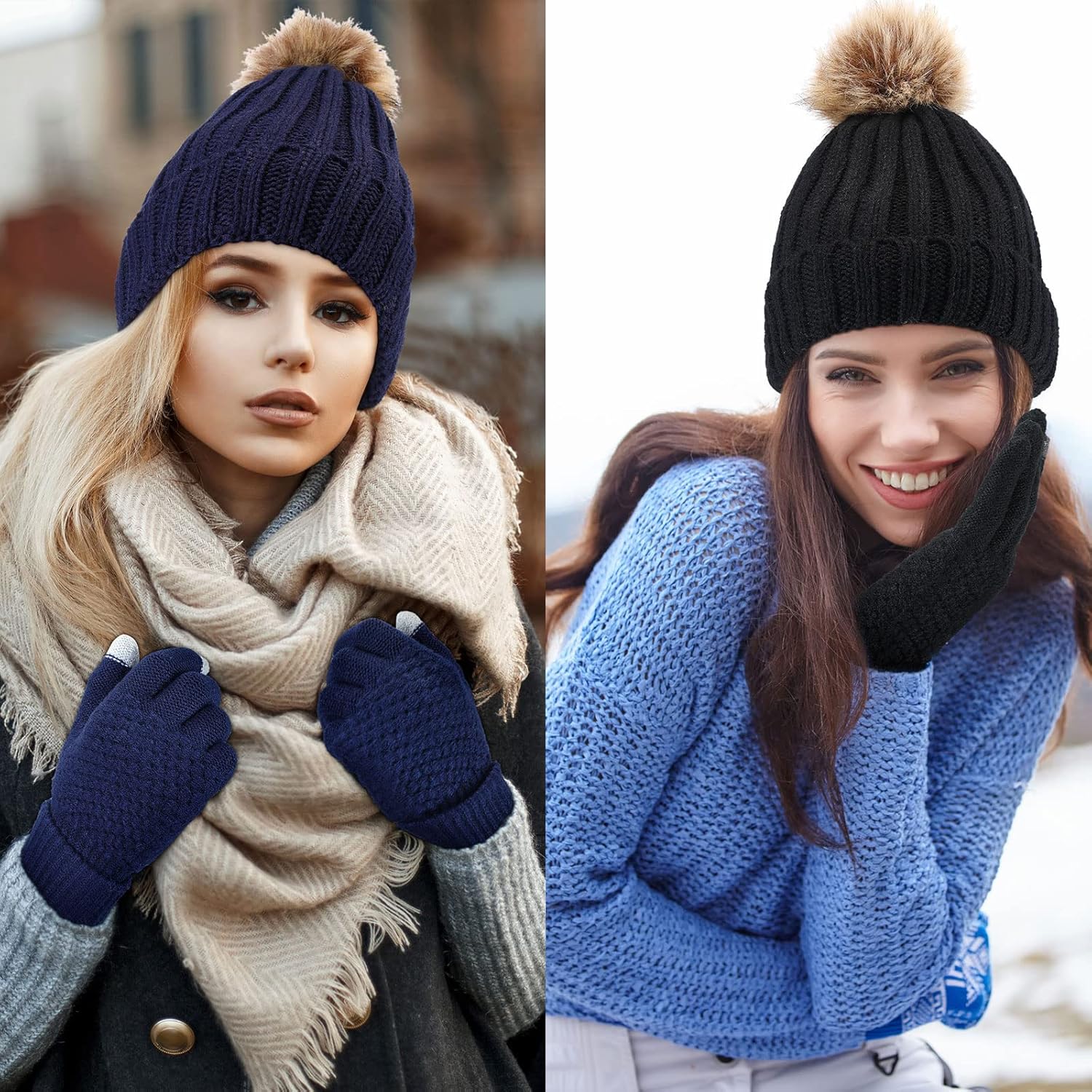 12 Pcs Knitted Beanie Hat Glove Set 6 Pcs Knit Skull Cap with Faux Fur Pom 6 Pairs Touchscreen Gloves, 6 Colors - Image 5