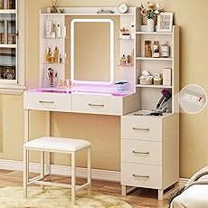 DWVO 45" W Vanity Desk w/Wireless Charging Station & Power Outlet, Vanity Mirror w/Lights Table Set with 4 Drawers, Vanity Set 3 Lighting Modes Brightness Adjustable for Bedroom Studio