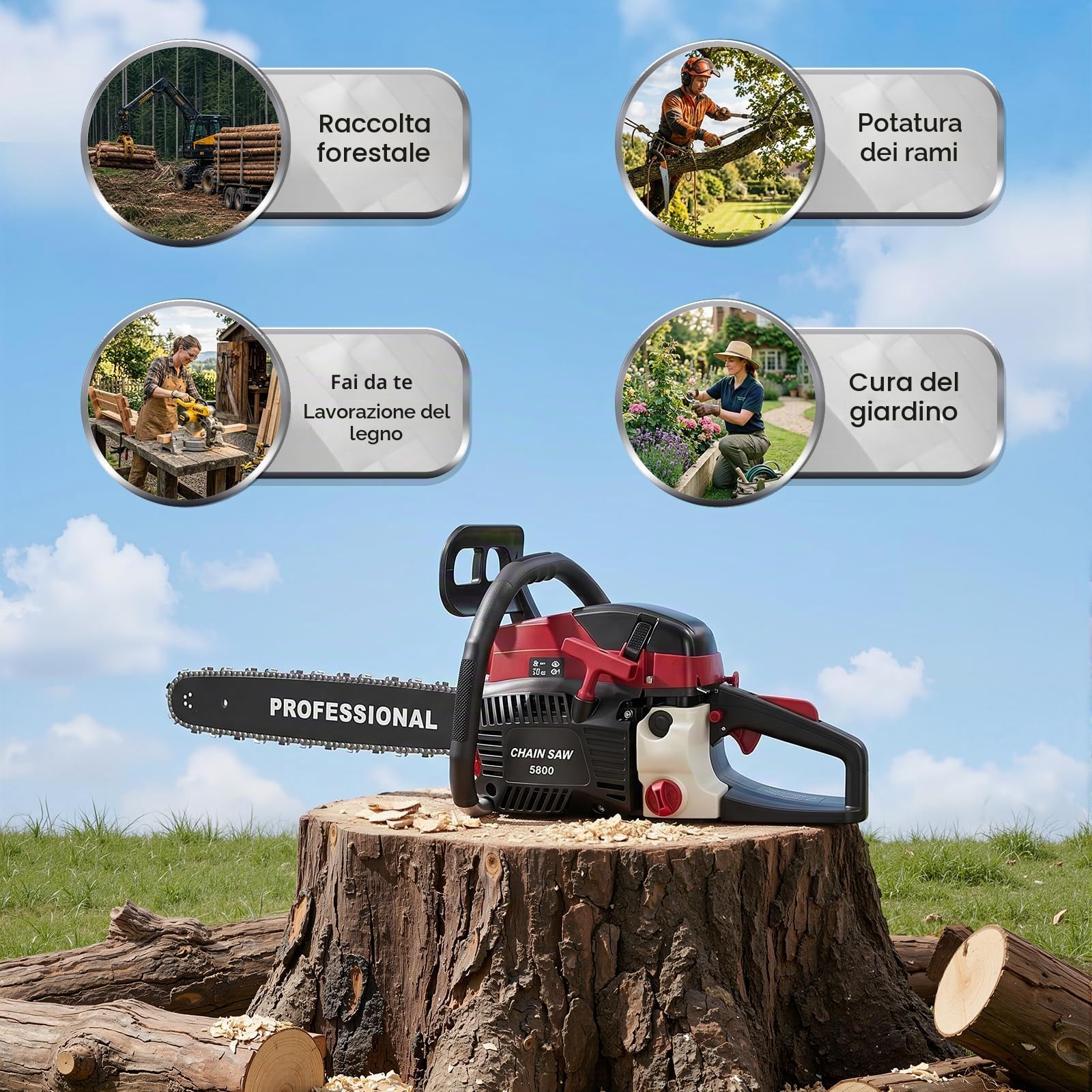 Sega a catena a benzina da 58 cc, pratica sega per legno per uso in giardino e lavori di costruzione, motosega 4,5 CV 2400 W, lama per sega da 50 cm, con paramano, freno del sistema e kit utensili, 1