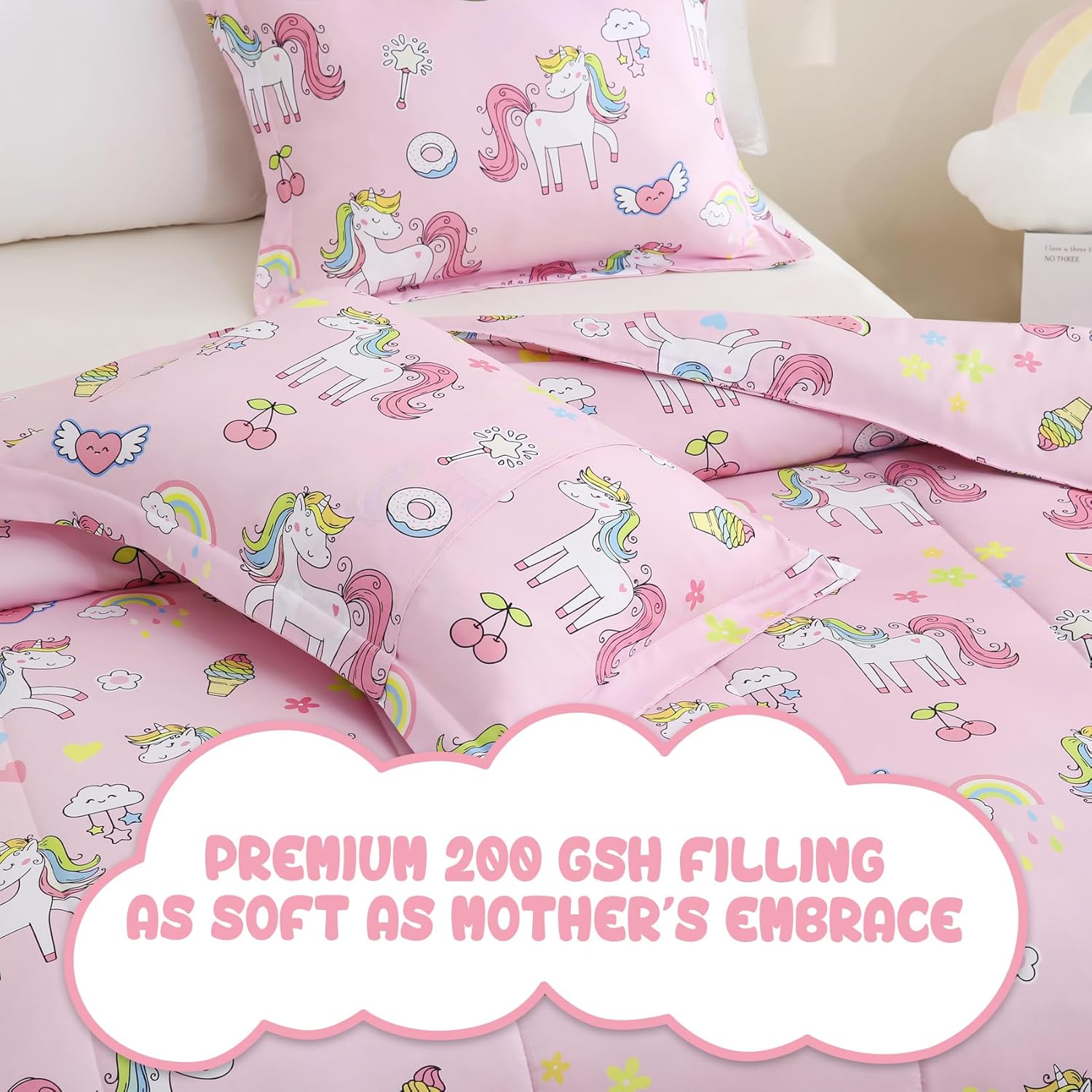 Yibeizi Pink Unicorn Comforter Set for Girls Twin, Kids Rainbow Sweet Printed Bedding Set with Pillow Sham, Cute Lightweight Soft Breathable Machine Washable Quilted Bed Comforter Set 2 Piece