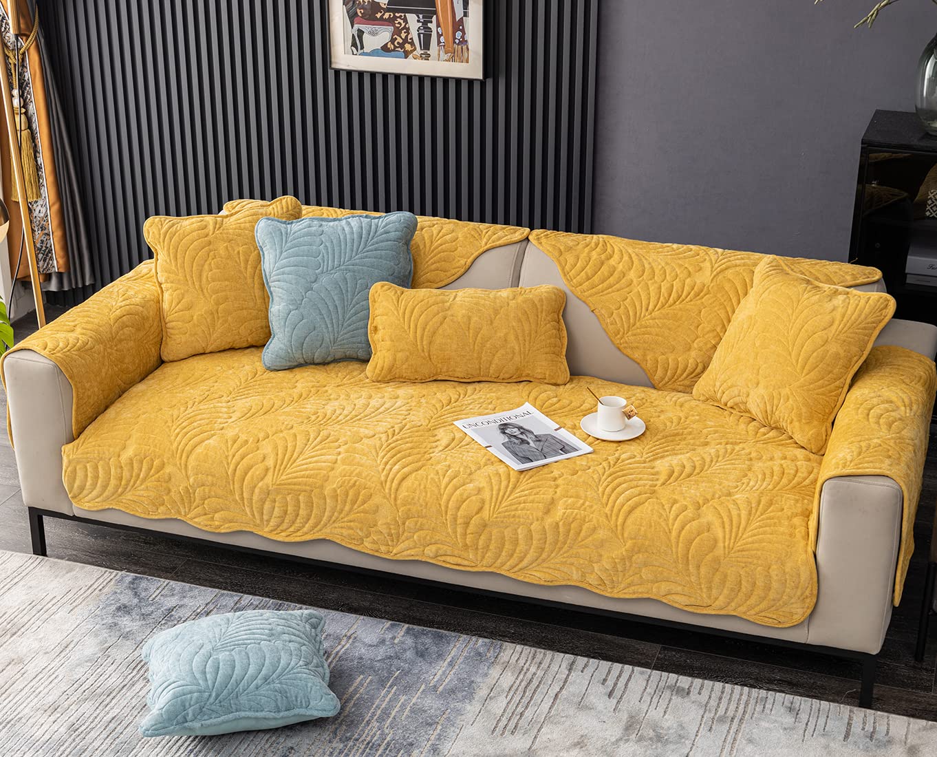 vctops Chenille Leaf Quilted Sofa Couch Cover Scalloped Edge Sectional Couch Cover Super Soft Non Slip Sofa Slipcover Furniture Protector for Pets